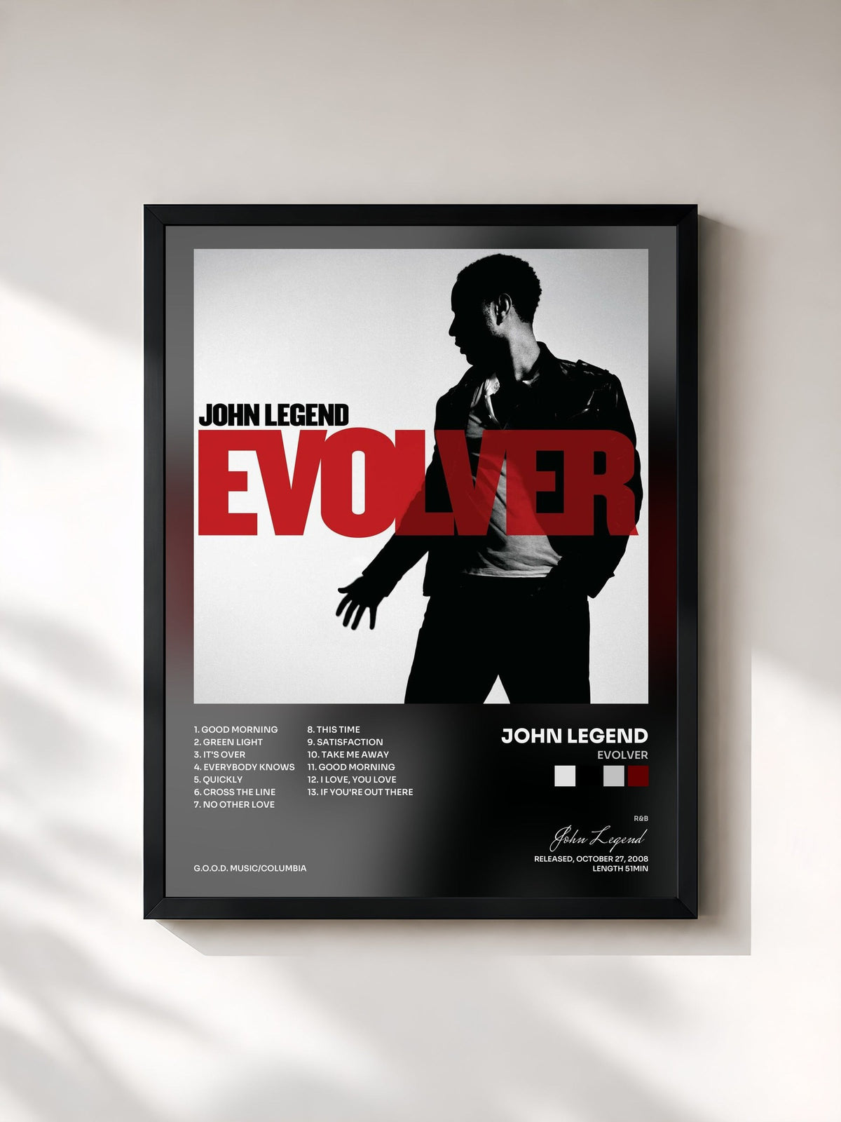 #noir Tableau de l'album Evolver de John Legend, cadre noir, imprimé et encadré en France