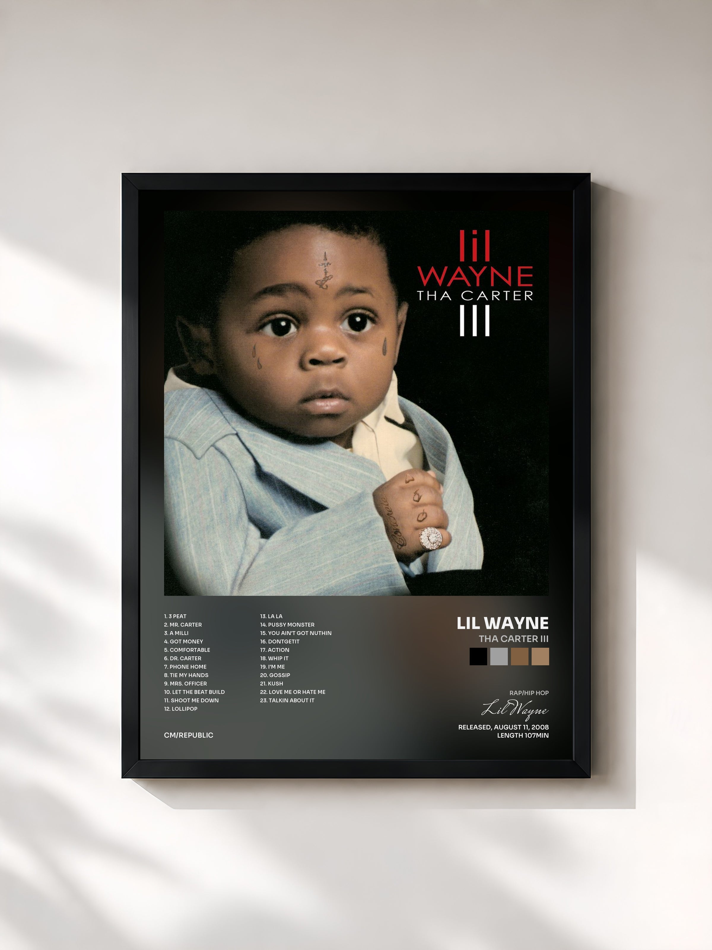 #noir Tableau de l'album Tha Carter III de Lil Wayne, cadre noir, imprimé et encadré en France