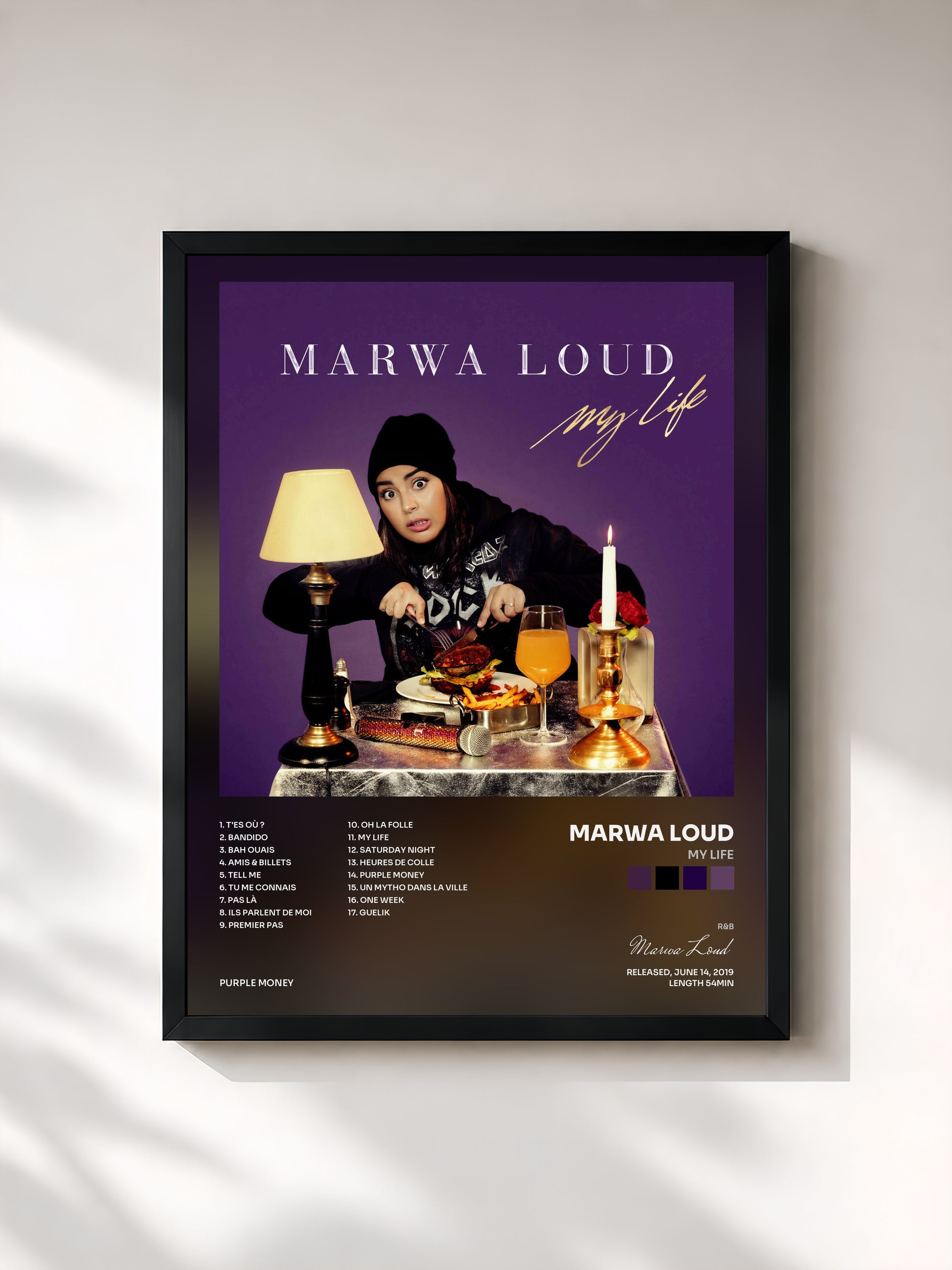 #noir My Life de Marwa Loud en lámina enmarcada, marco negro, impresa y enmarcada en Francia