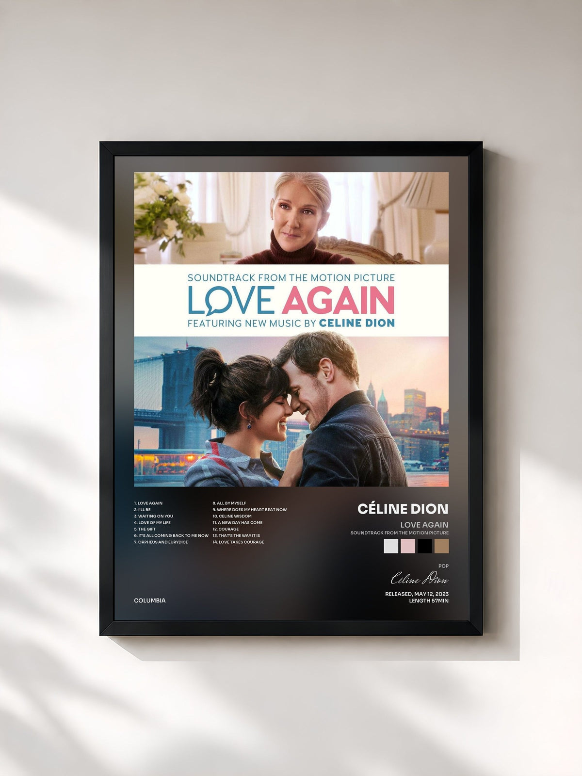 #noir Tableau de l'album Love Again (Soundtrack from the Motion Picture) de Céline Dion, cadre noir, imprimé et encadré en France