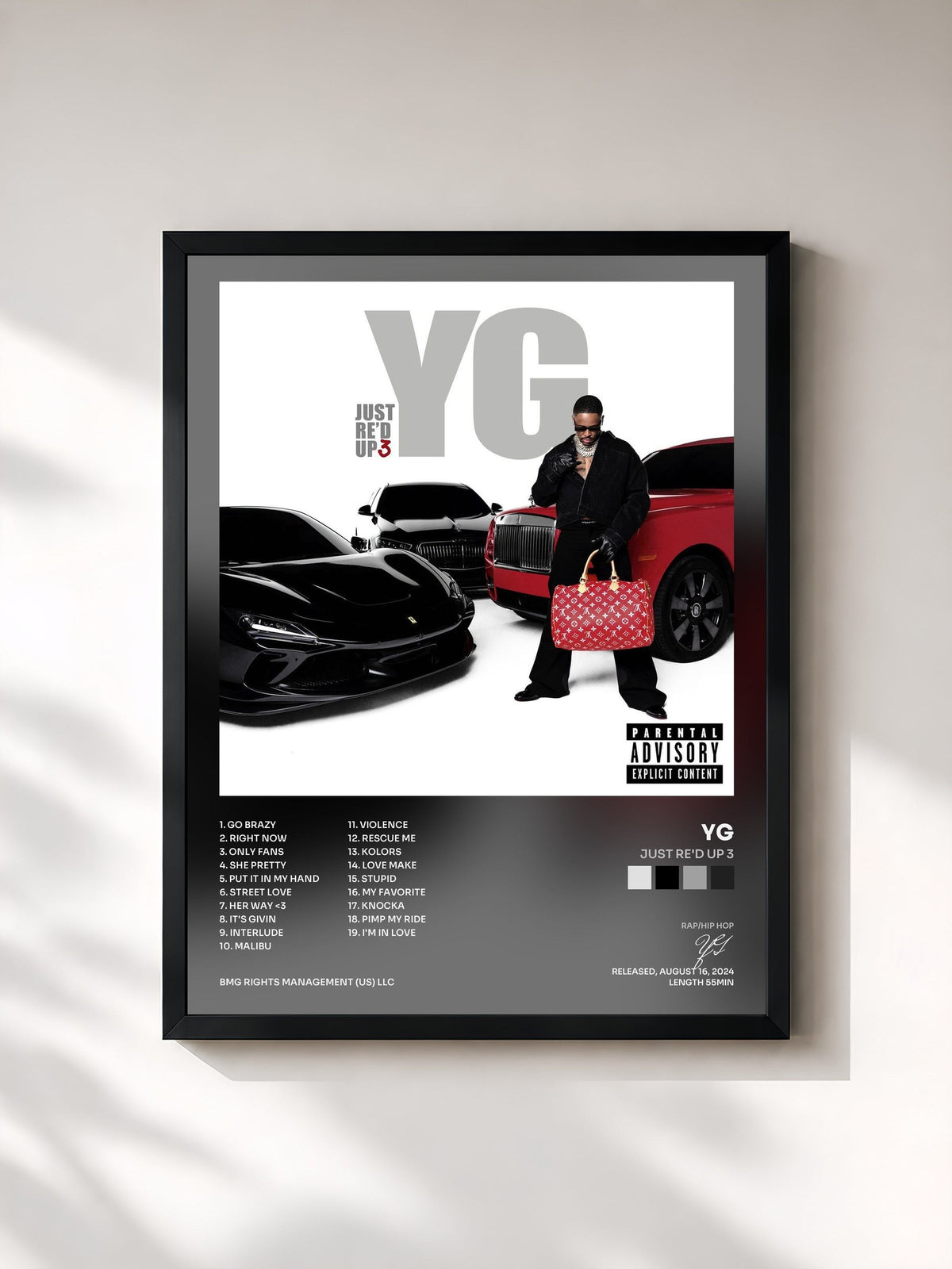 #noir Tableau de l'album JUST RE'D UP 3 de YG, cadre noir, imprimé et encadré en France