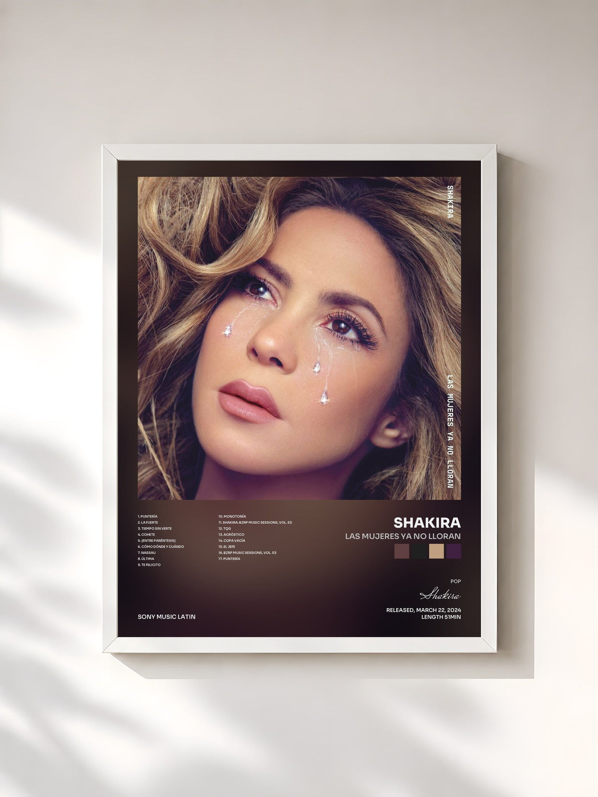 #blanc Tableau de l'album Las Mujeres Ya No Lloran de Shakira, cadre blanc, imprimé et encadré en France