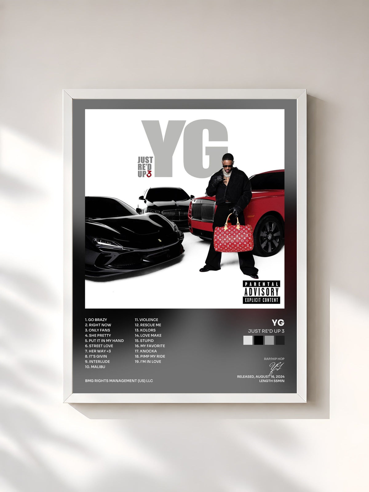#blanc Tableau de l'album JUST RE'D UP 3 de YG, cadre blanc, imprimé et encadré en France