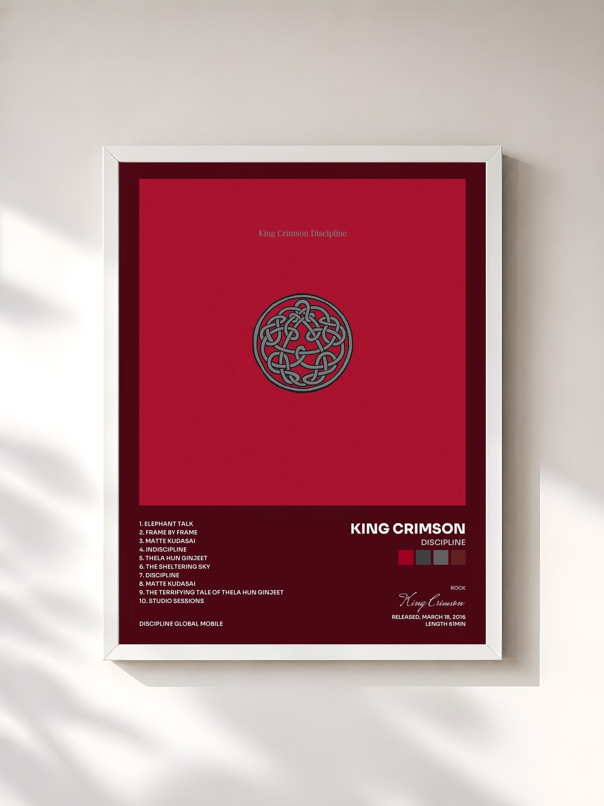 #blanc Tableau de l'album Discipline de King Crimson, cadre blanc, imprimé et encadré en France