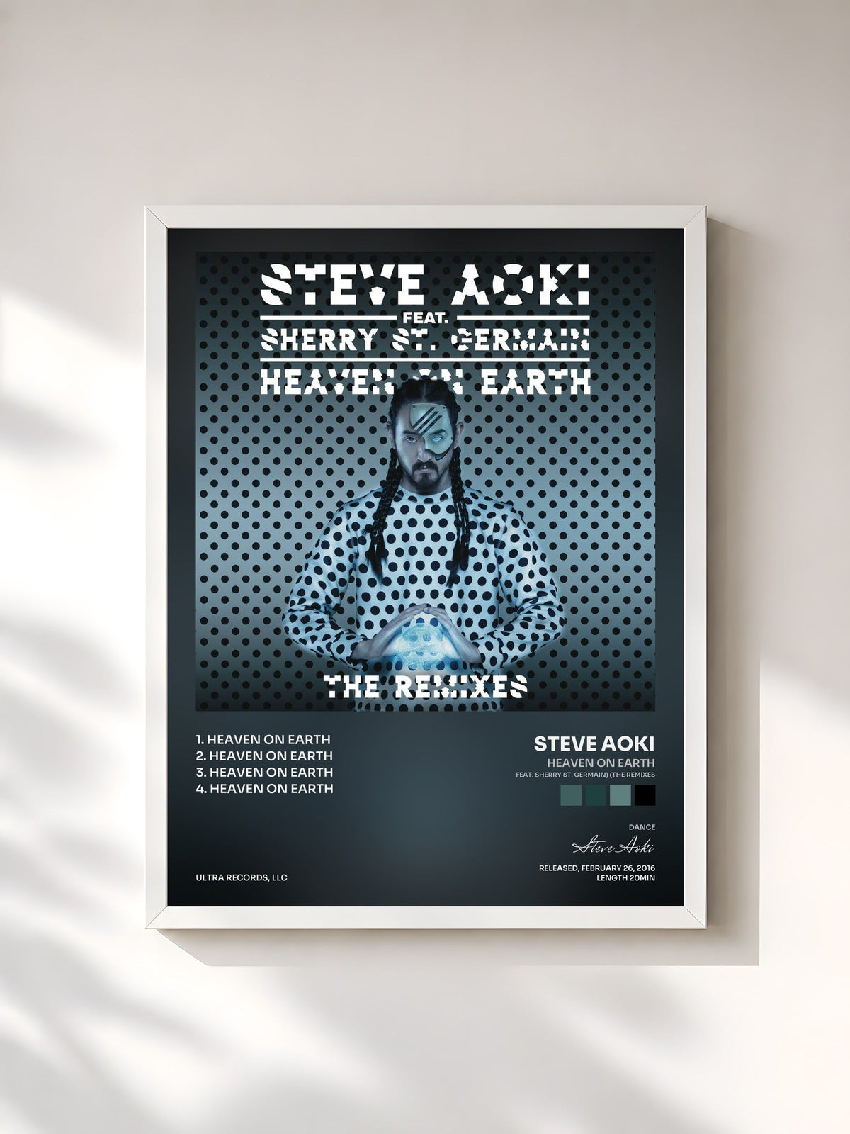 #blanc Tableau de l'album Heaven On Earth (feat. Sherry St. Germain) (The Remixes) de Steve Aoki, cadre blanc, imprimé et encadré en France