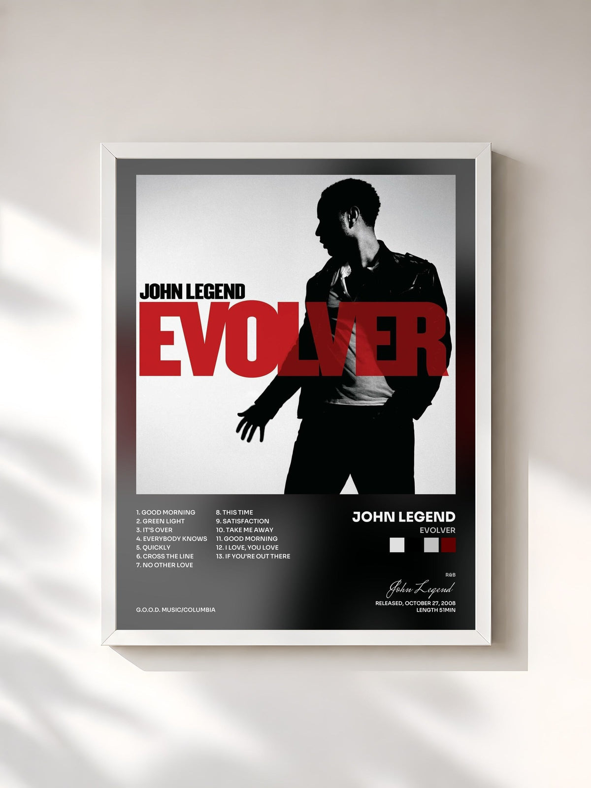 #blanc Tableau de l'album Evolver de John Legend, cadre blanc, imprimé et encadré en France