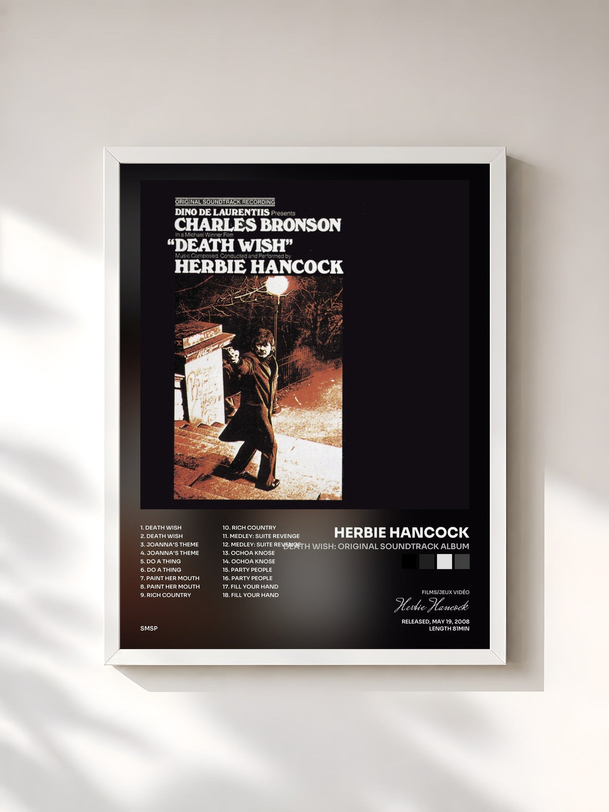#blanc Tableau de l'album Death Wish: Original Soundtrack Album de Herbie Hancock, cadre blanc, imprimé et encadré en France