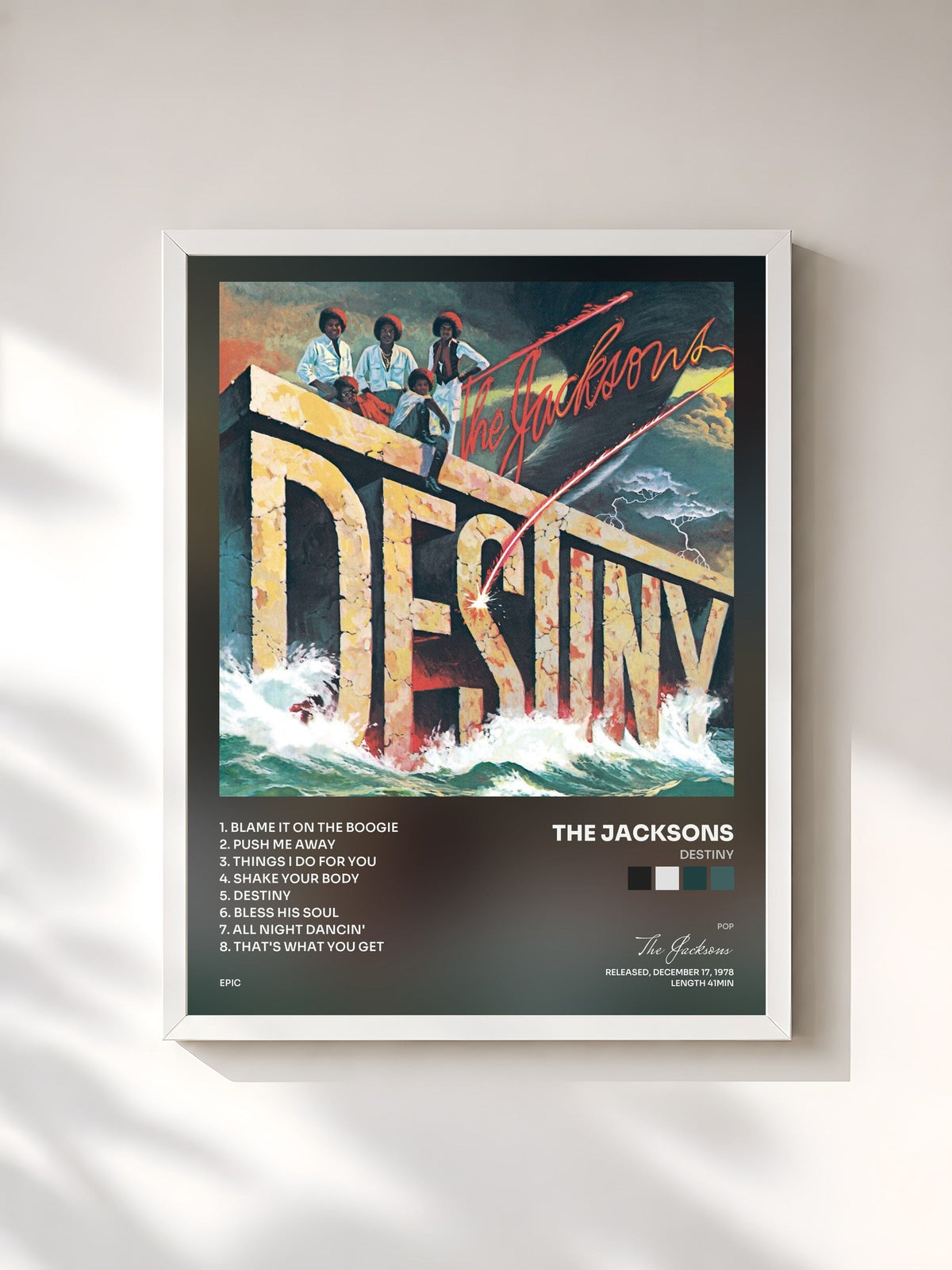 #blanc Tableau de l'album Destiny de The Jacksons, cadre blanc, imprimé et encadré en France