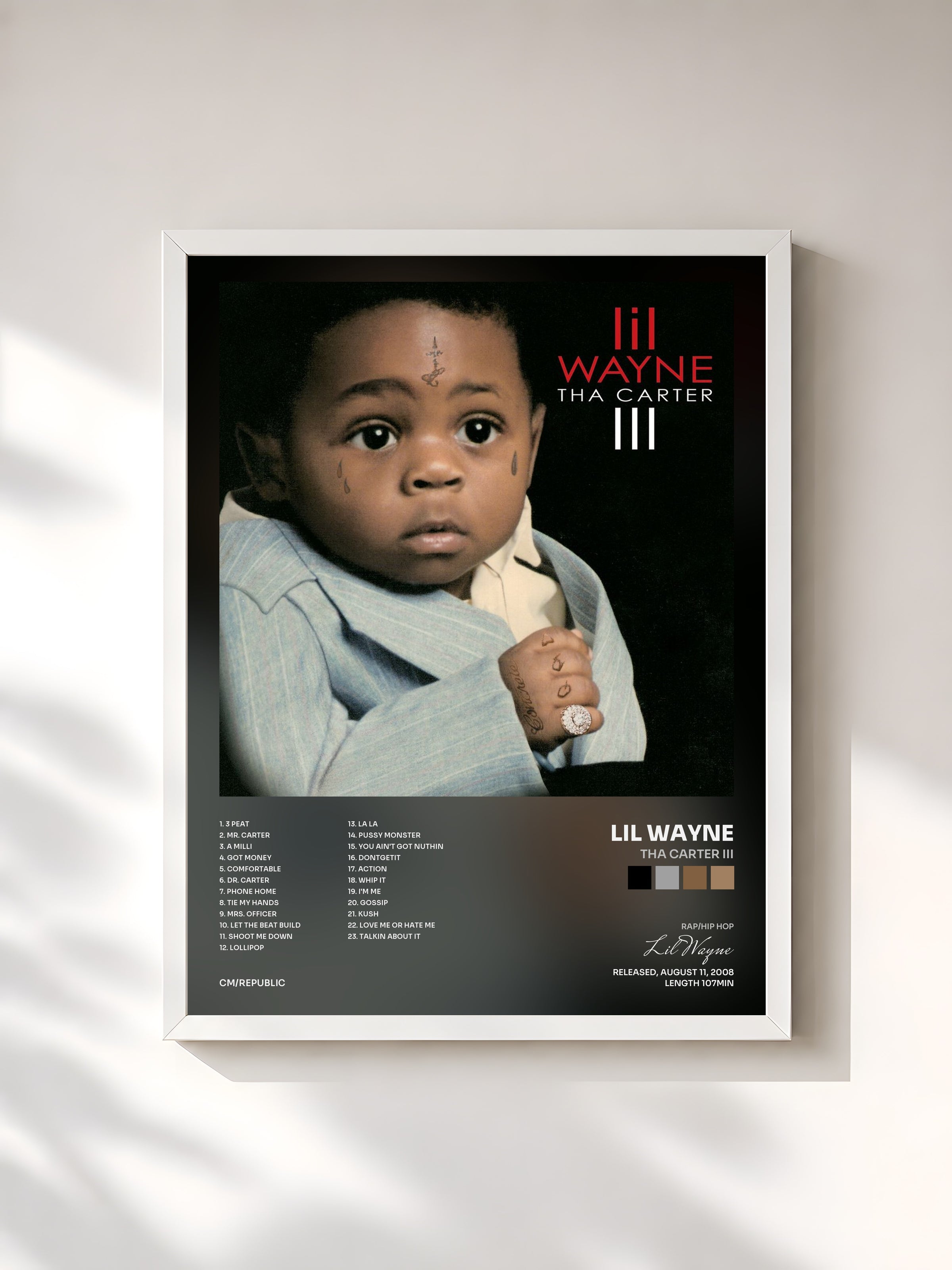 #blanc Tableau de l'album Tha Carter III de Lil Wayne, cadre blanc, imprimé et encadré en France
