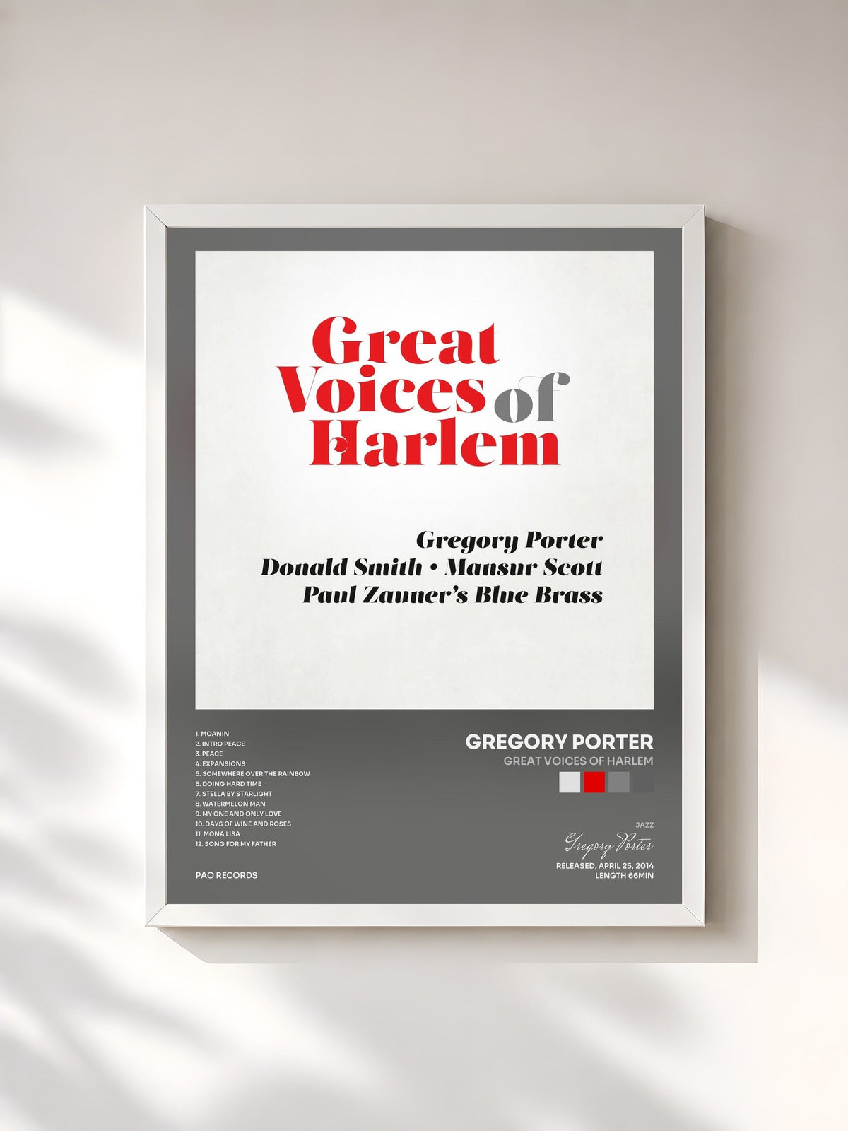 #blanc Great Voices of Harlem by Gregory Porter as a framed art print, white frame, printed and framed in France