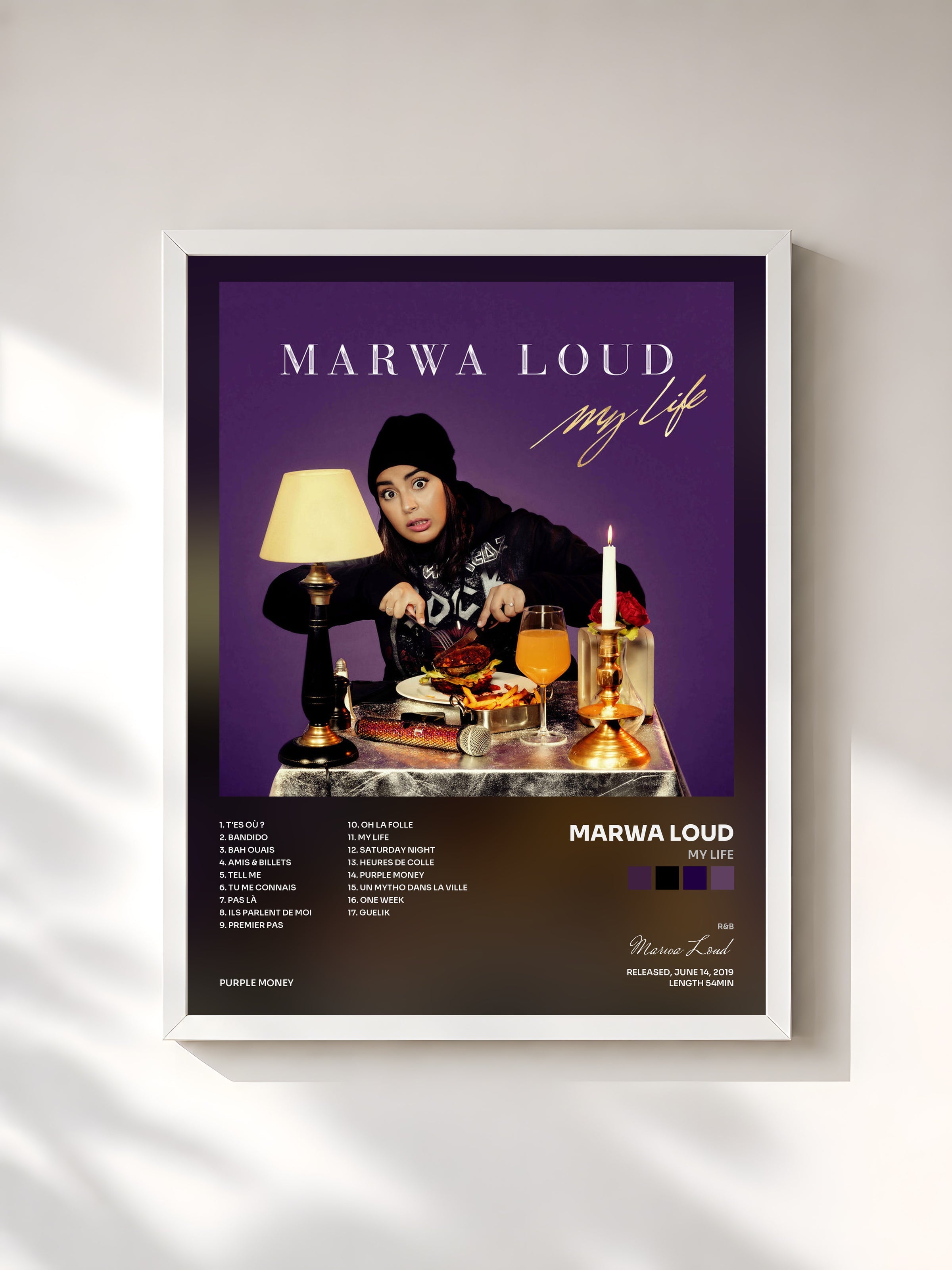 #blanc My Life de Marwa Loud en lámina enmarcada, marco blanco, impresa y enmarcada en Francia