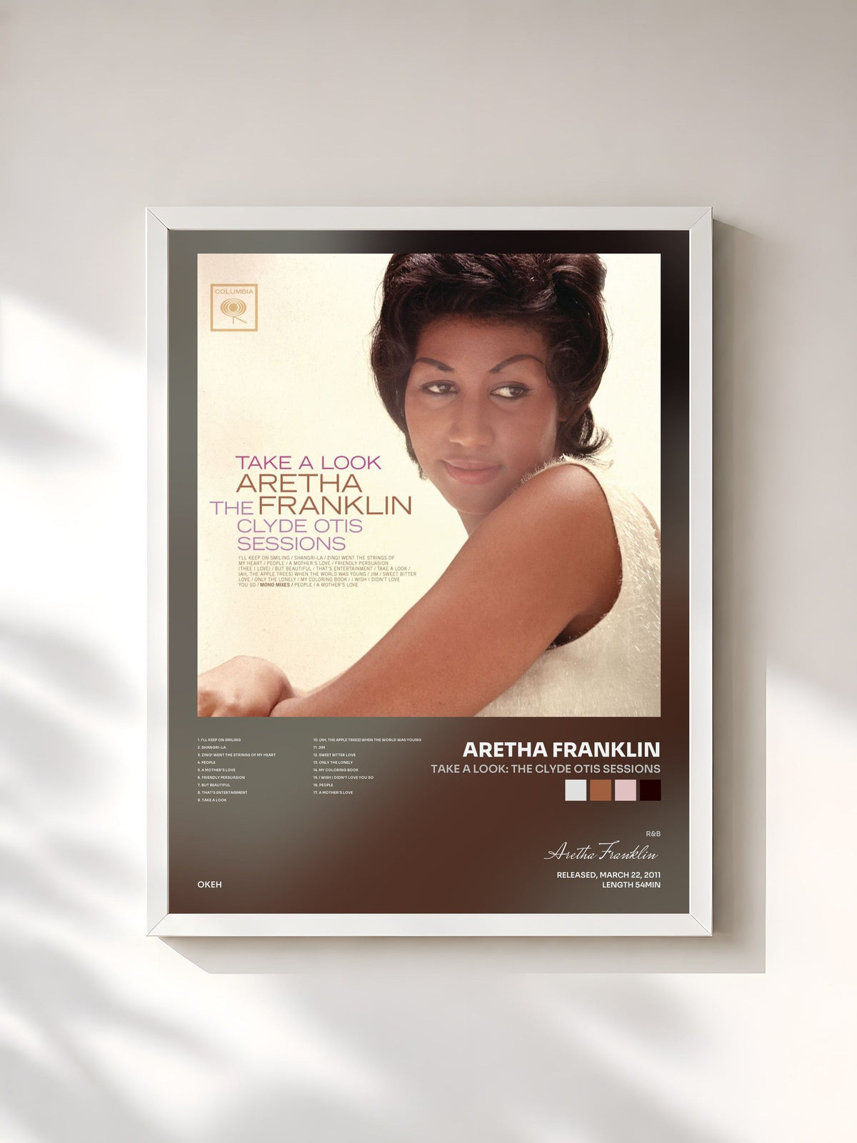 #blanc Tableau de l'album Take A Look: The Clyde Otis Sessions de Aretha Franklin, cadre blanc, imprimé et encadré en France