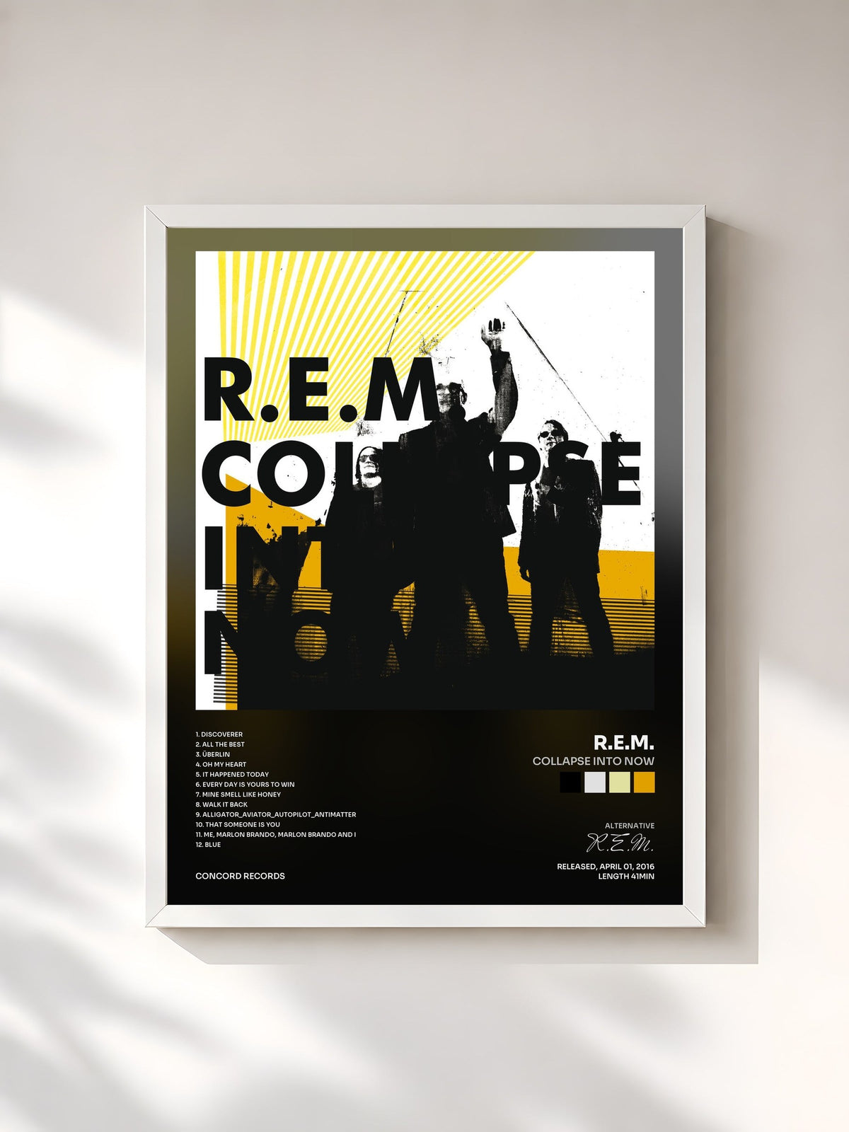 #blanc Tableau de l'album Collapse Into Now de R.E.M., cadre blanc, imprimé et encadré en France