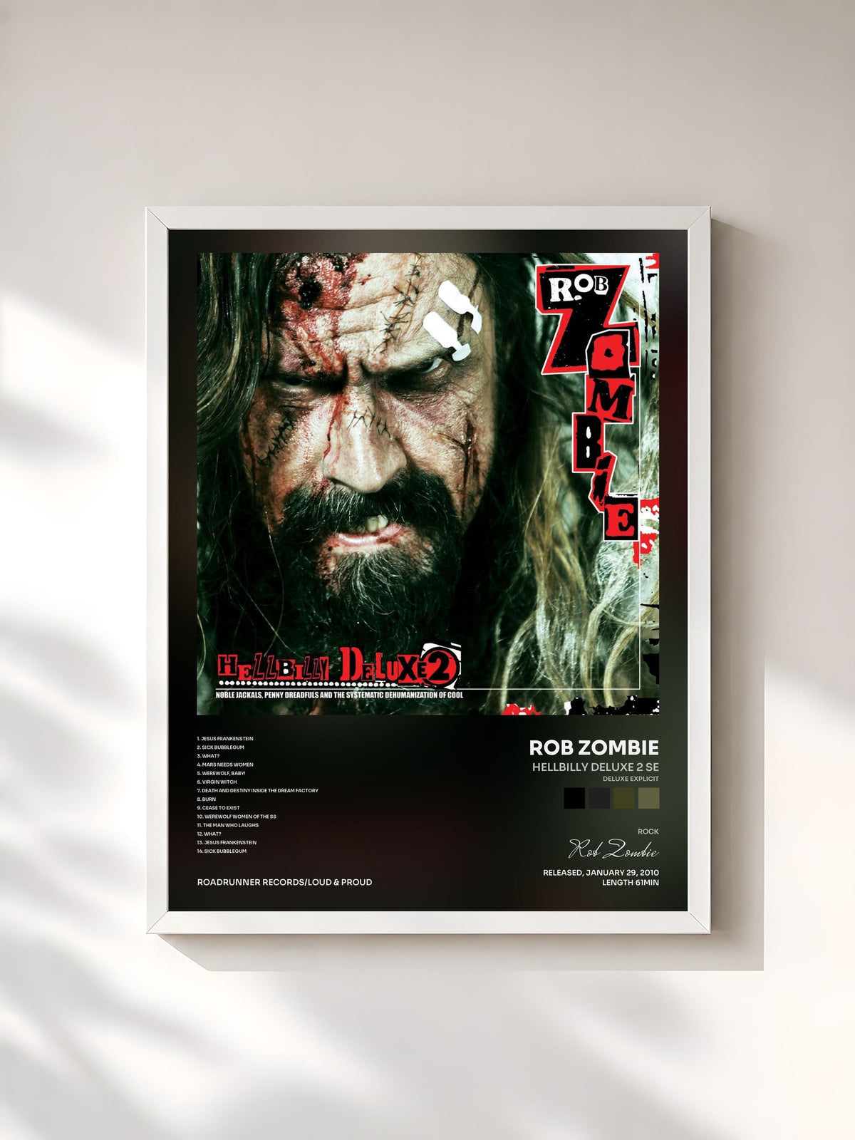 #blanc Tableau de l'album Hellbilly Deluxe 2 SE (Deluxe Explicit) de Rob Zombie, cadre blanc, imprimé et encadré en France