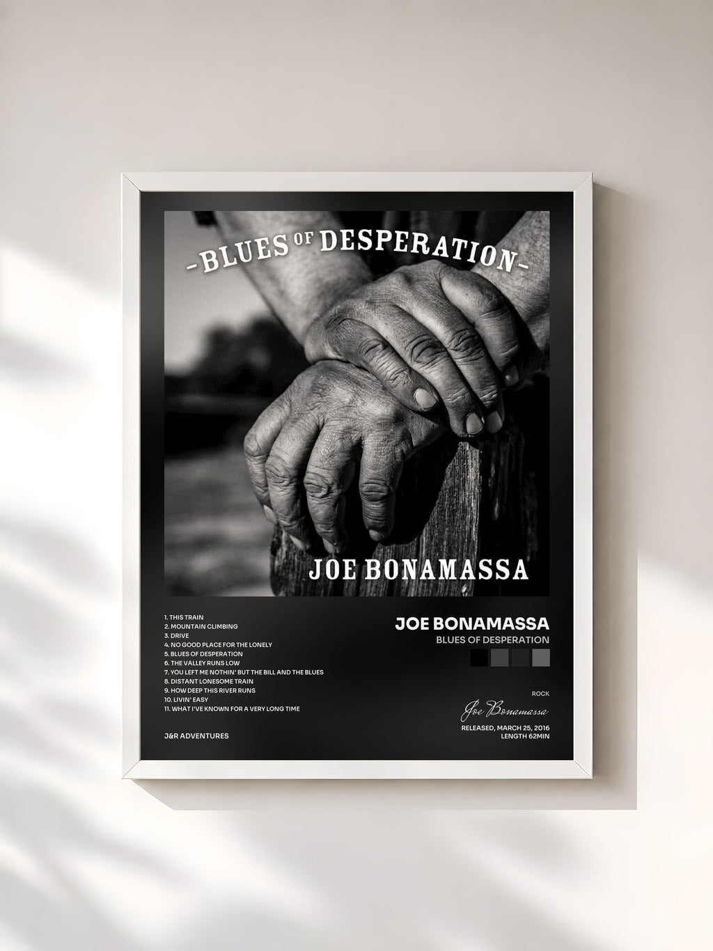 #blanc Blues Of Desperation by Joe Bonamassa as a framed art print, white frame, printed and framed in France