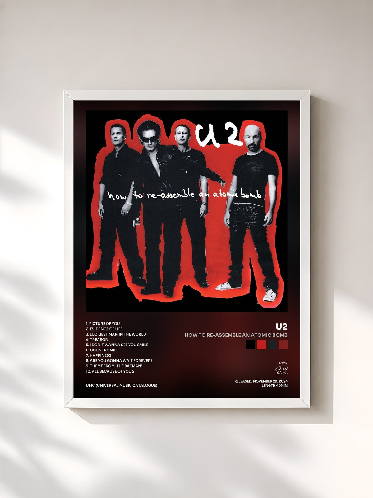 #blanc Tableau de l'album How To Re-Assemble An Atomic Bomb de U2, cadre blanc, imprimé et encadré en France