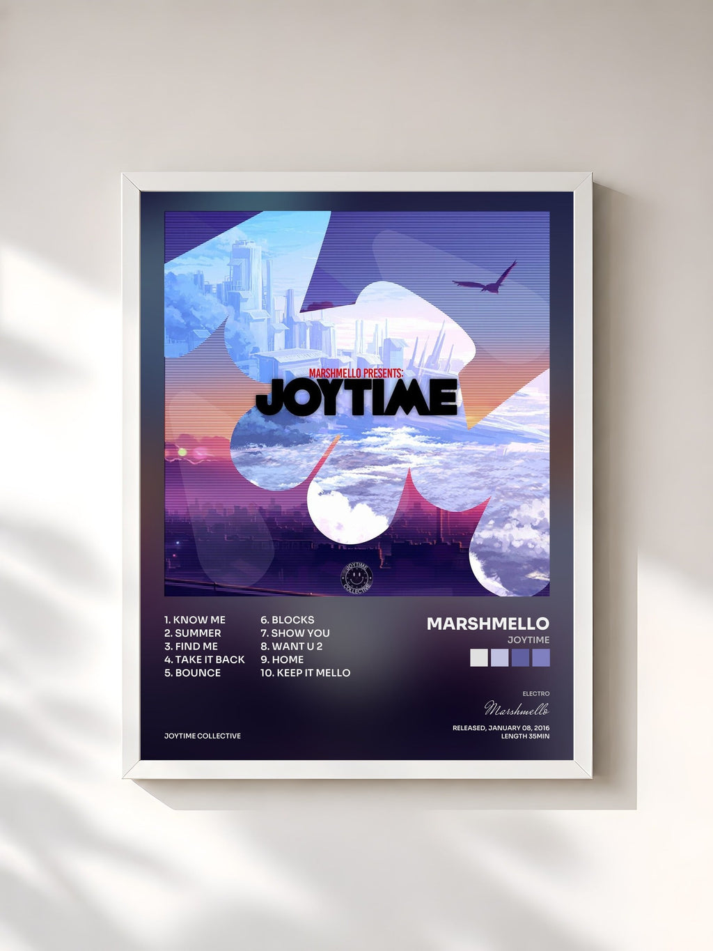 #blanc Tableau de l'album Joytime de Marshmello, cadre blanc, imprimé et encadré en France