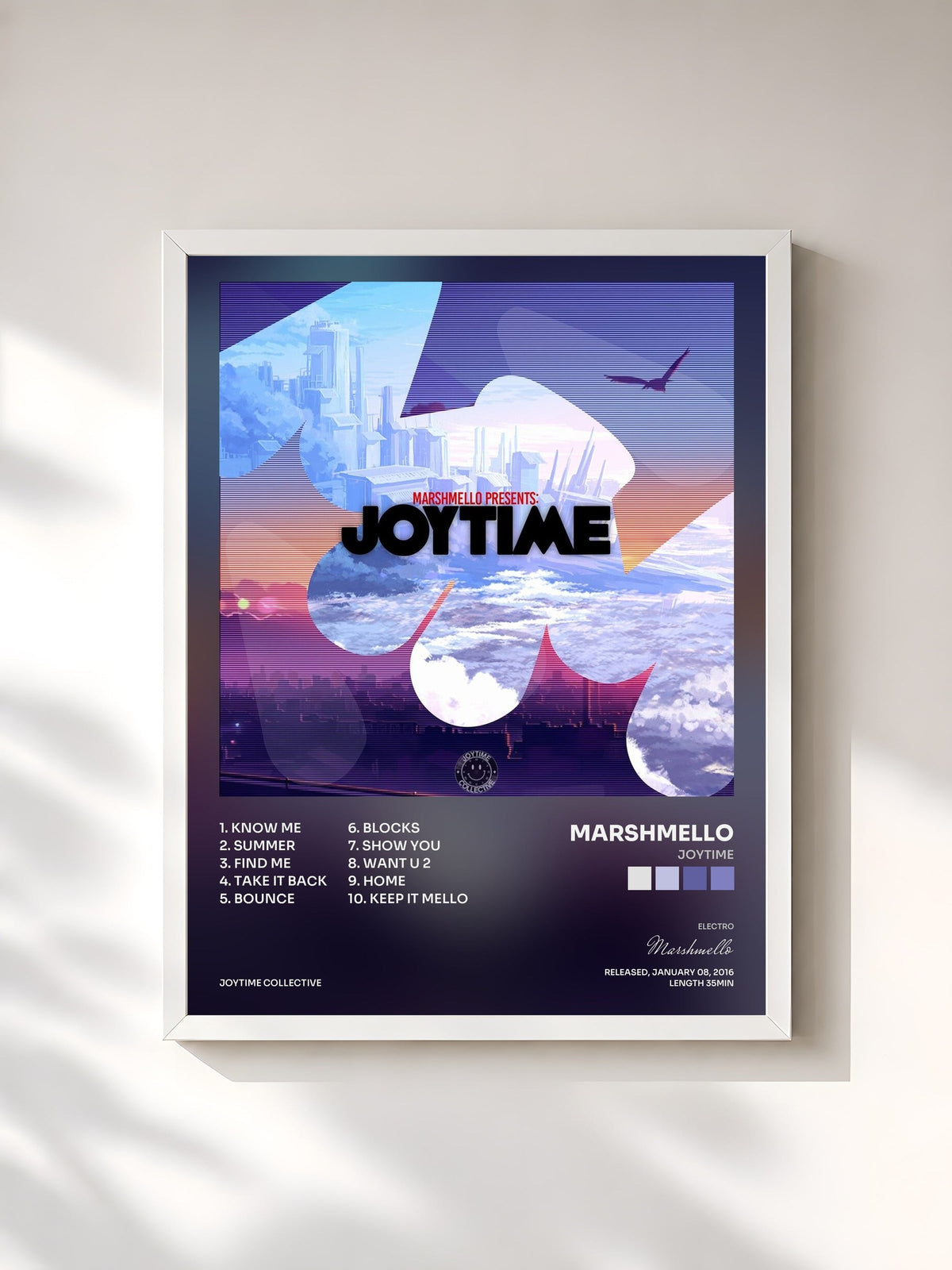 #blanc Tableau de l'album Joytime de Marshmello, cadre blanc, imprimé et encadré en France