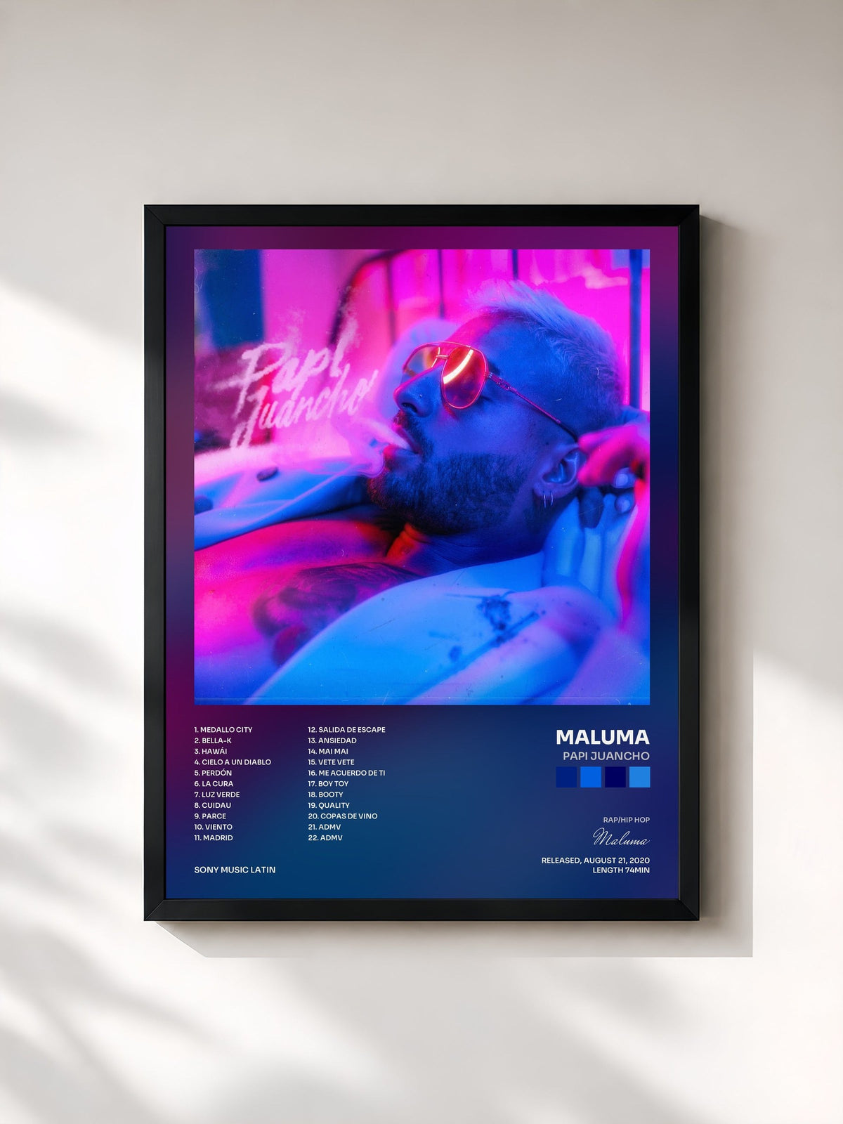 #noir Tableau de l'album PAPI JUANCHO de Maluma, cadre noir, imprimé et encadré en France