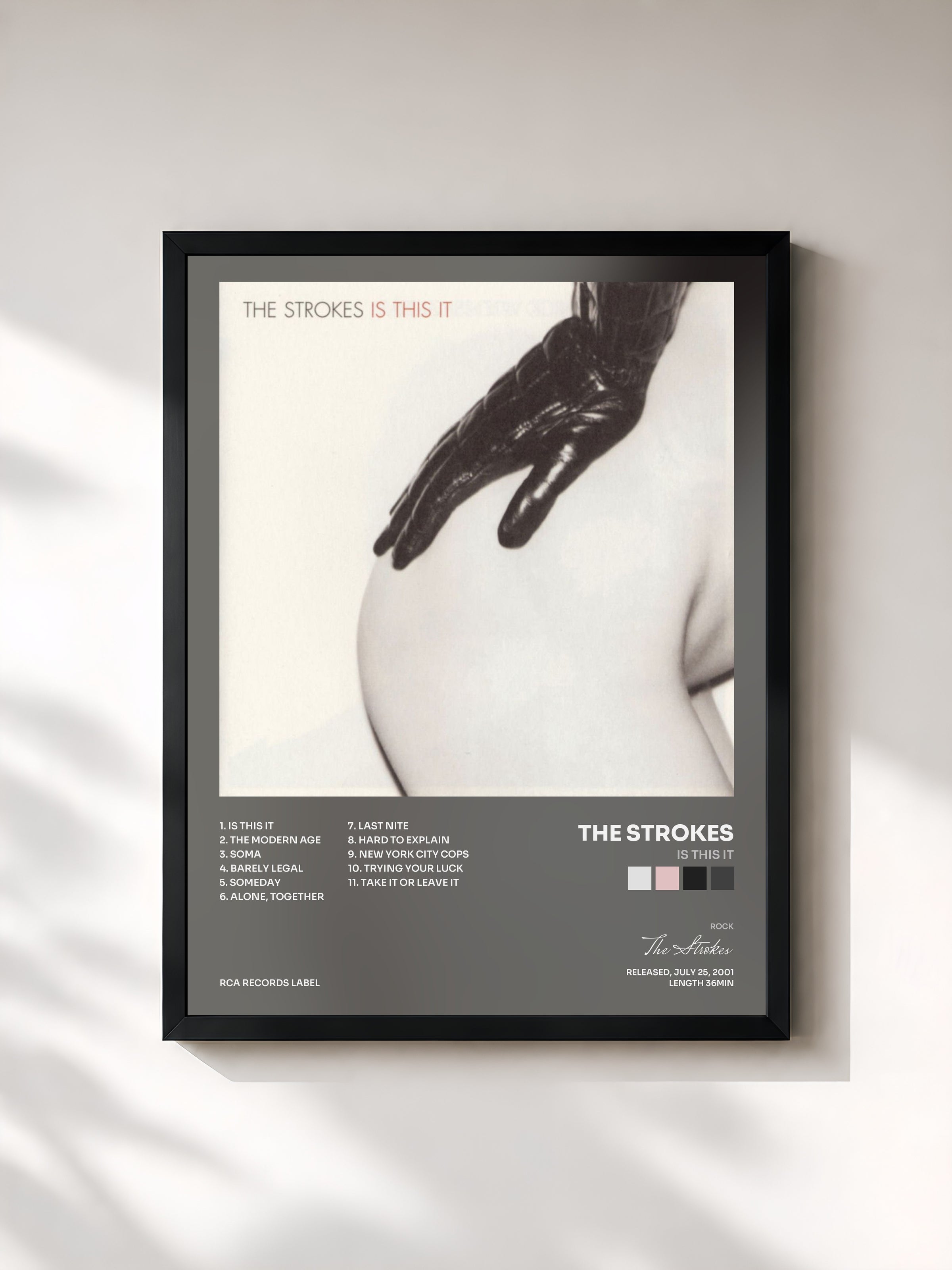 #noir Tableau de l'album Is This It de The Strokes, cadre noir, imprimé et encadré en France