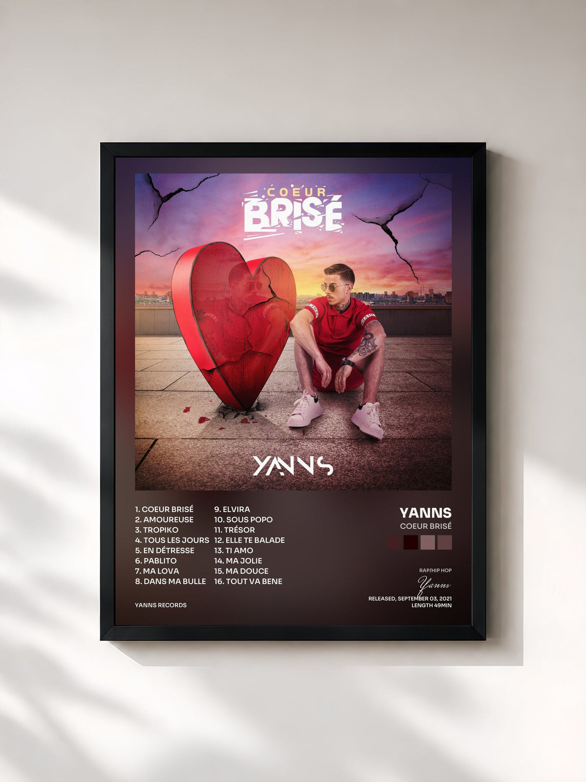 #noir Tableau de l'album Coeur brisé de Yanns, cadre noir, imprimé et encadré en France