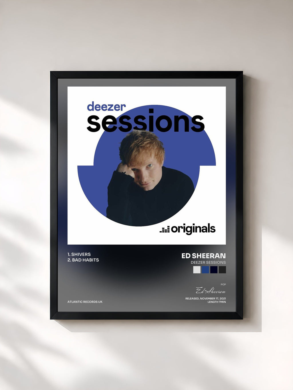 #noir Tableau de l'album Deezer Sessions de Ed Sheeran, cadre noir, imprimé et encadré en France