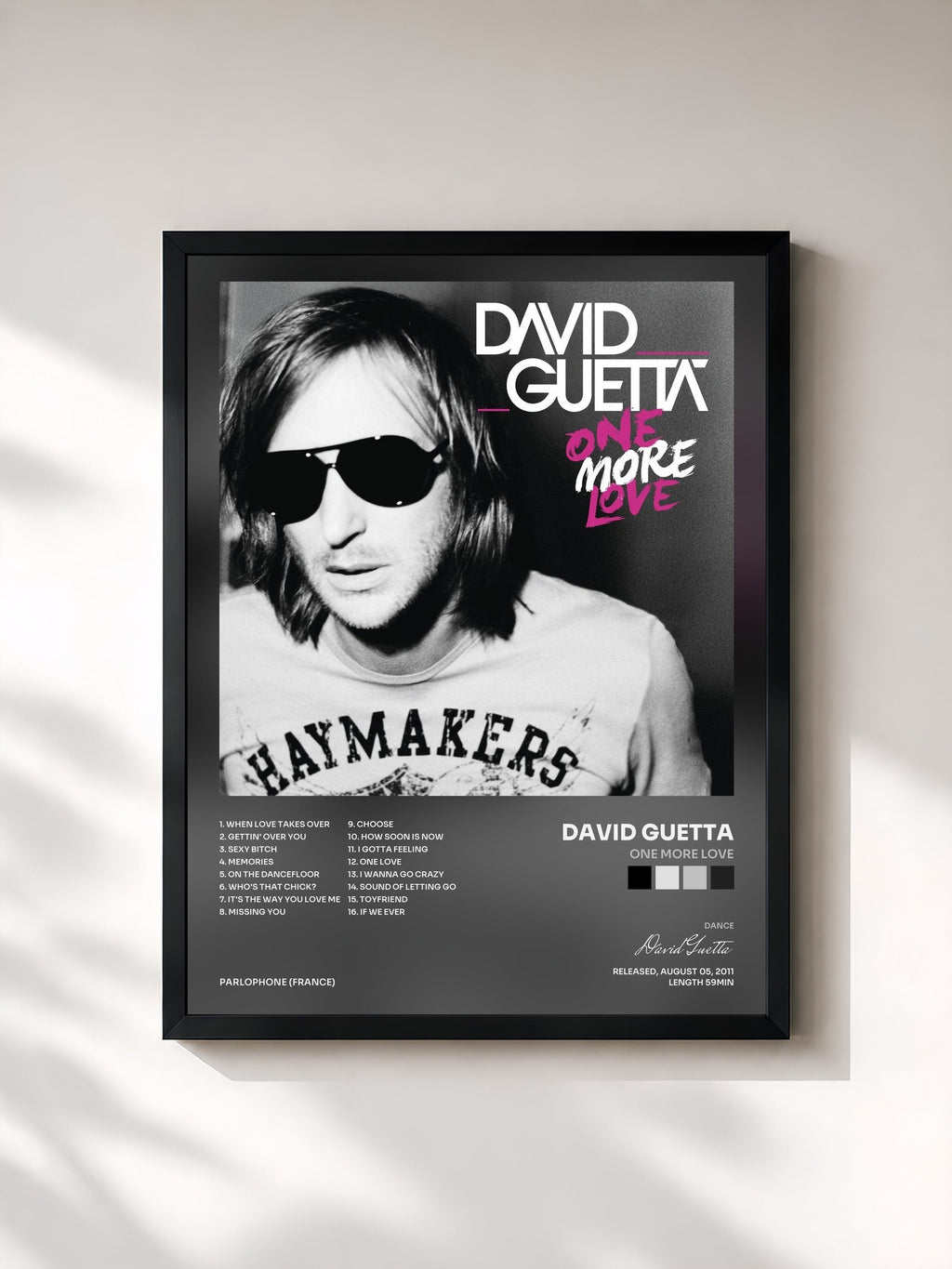 #noir Tableau de l'album One More Love de David Guetta, cadre noir, imprimé et encadré en France