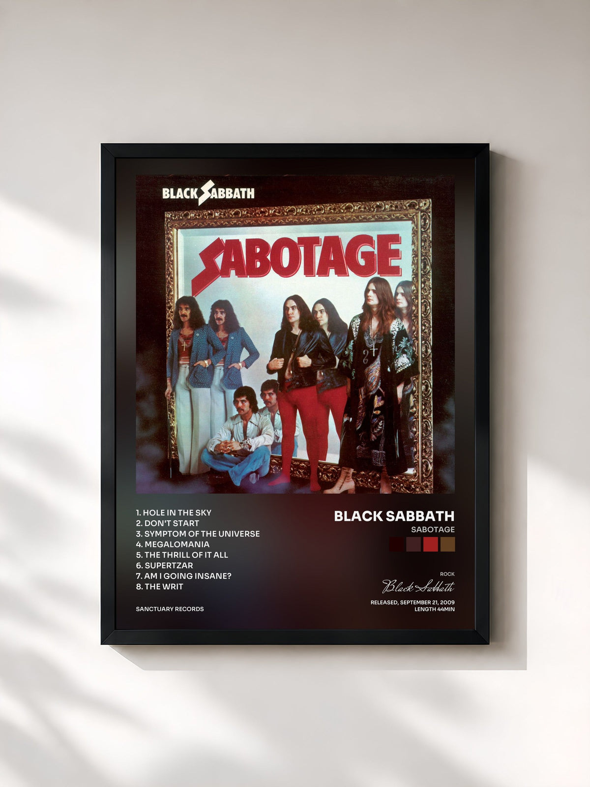 #noir Tableau de l'album Sabotage de Black Sabbath, cadre noir, imprimé et encadré en France
