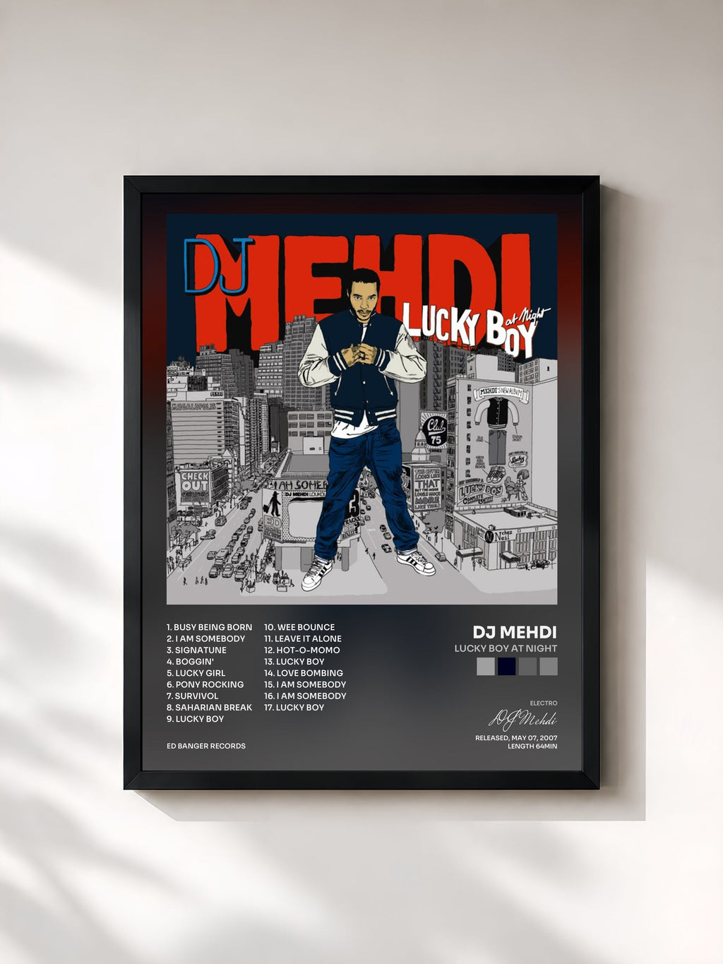 #noir Tableau de l'album Lucky Boy At Night de DJ Mehdi, cadre noir, imprimé et encadré en France
