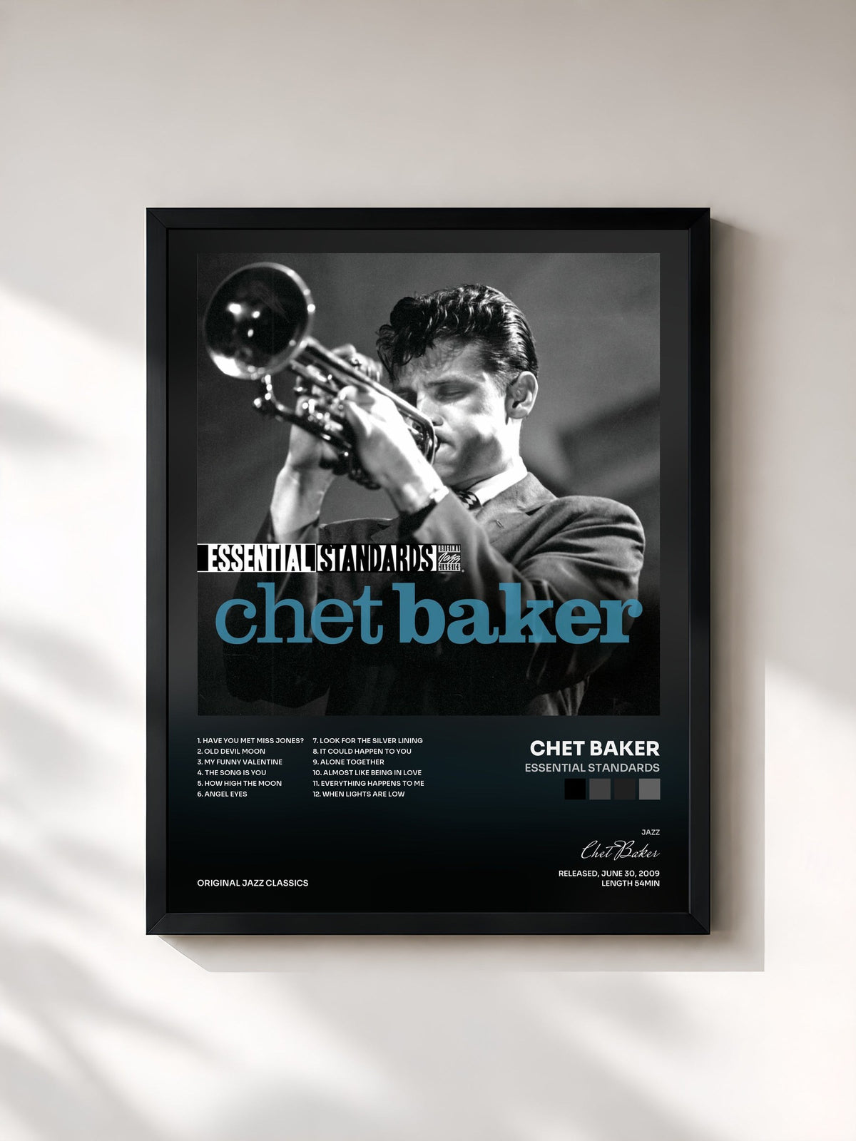 #noir Tableau de l'album Essential Standards de Chet Baker, cadre noir, imprimé et encadré en France