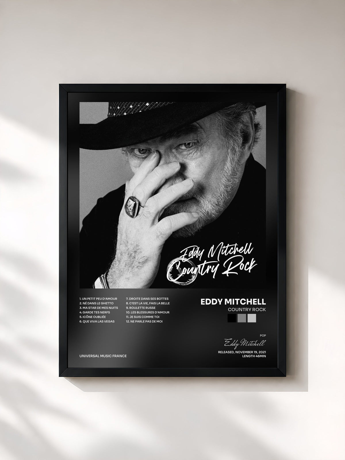 #noir Tableau de l'album Country Rock de Eddy Mitchell, cadre noir, imprimé et encadré en France