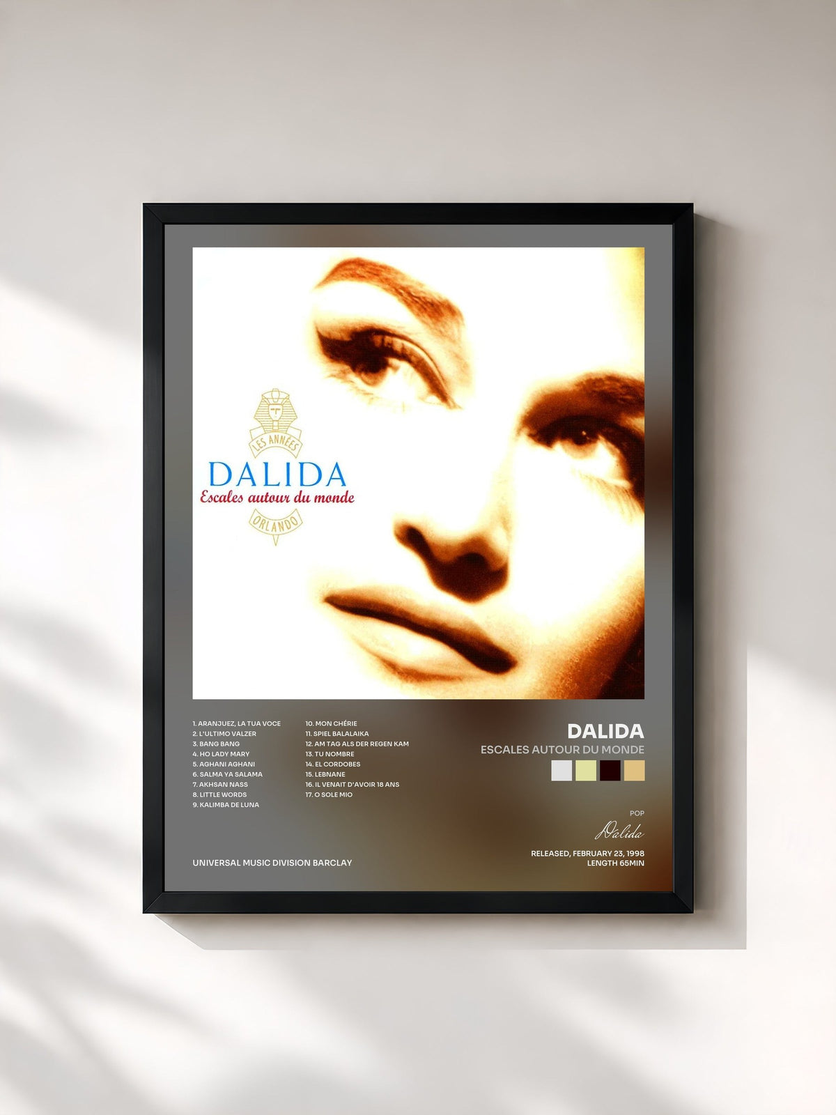 #noir Escales Autour Du Monde by Dalida as a framed art print, black frame, printed and framed in France