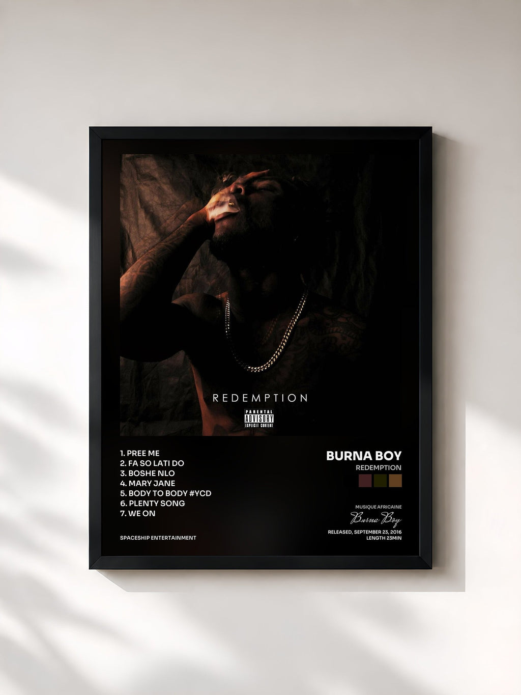 #noir Tableau de l'album Redemption de Burna Boy, cadre noir, imprimé et encadré en France