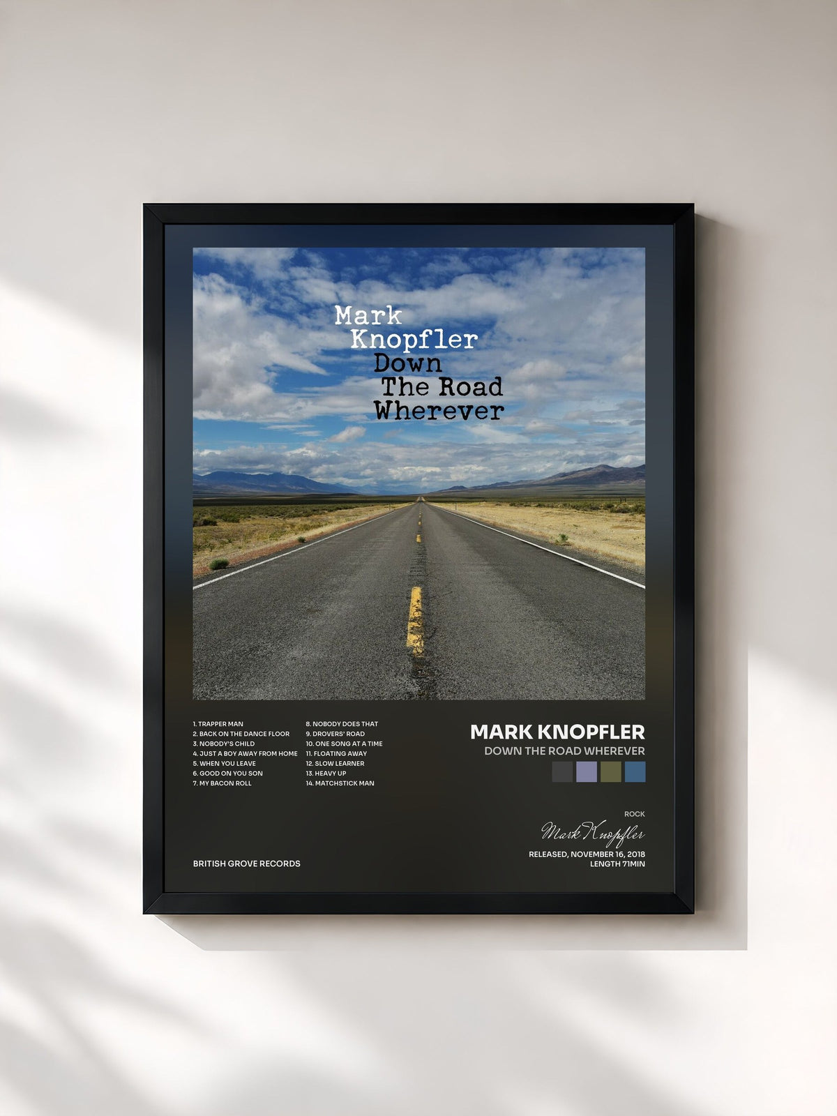 #noir Tableau de l'album Down The Road Wherever de Mark Knopfler, cadre noir, imprimé et encadré en France