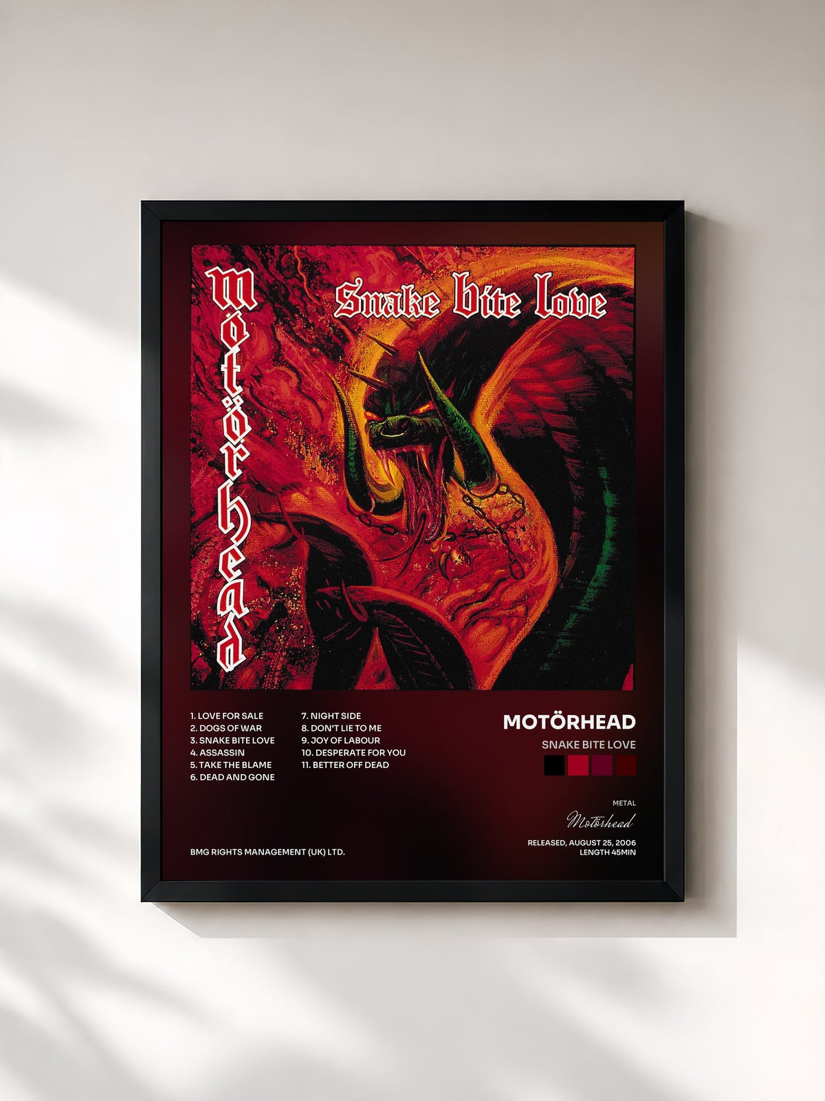 #noir Tableau de l'album Snake Bite Love de Motörhead, cadre noir, imprimé et encadré en France