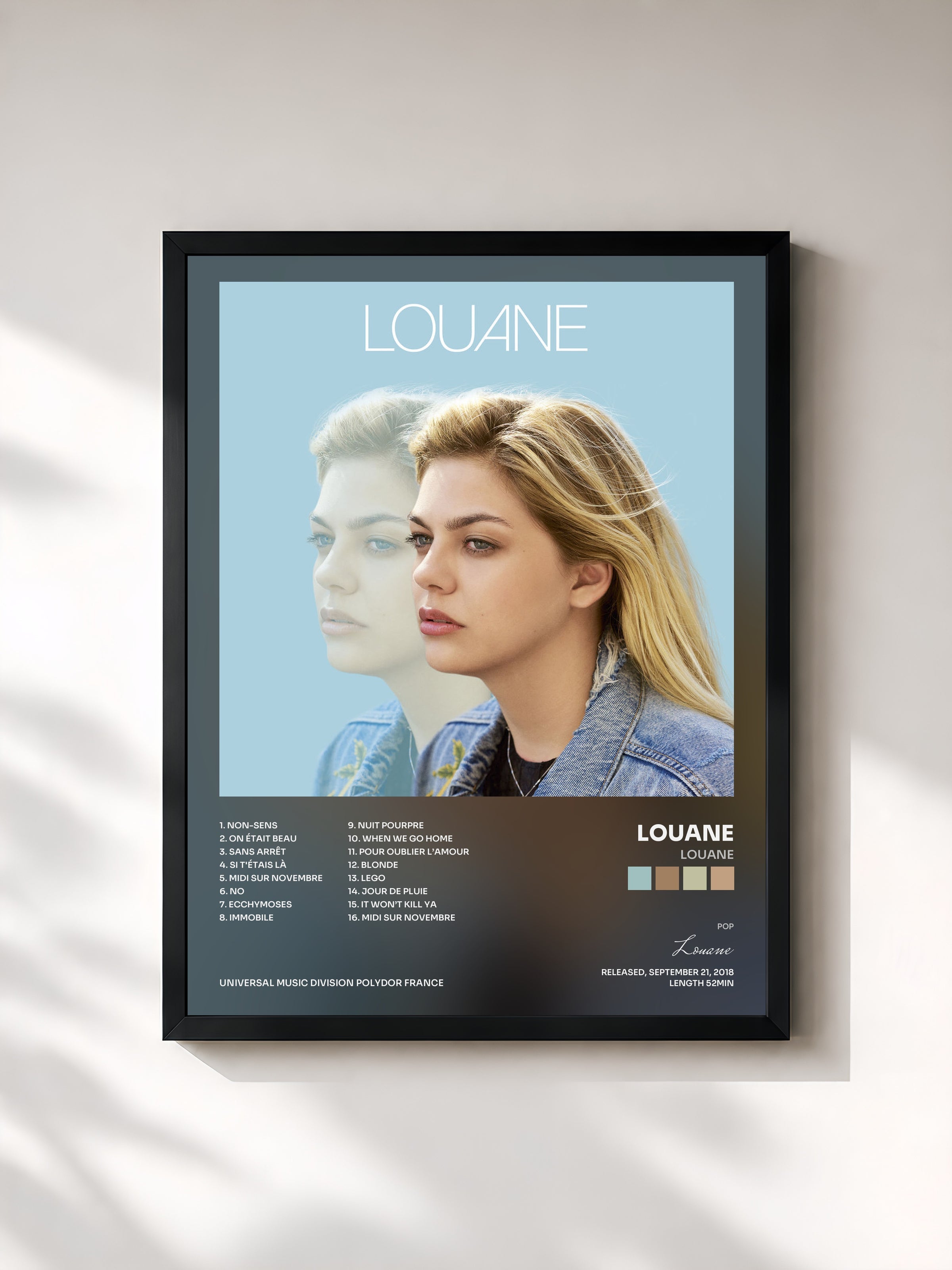 #noir Tableau de l'album Louane de Louane, cadre noir, imprimé et encadré en France