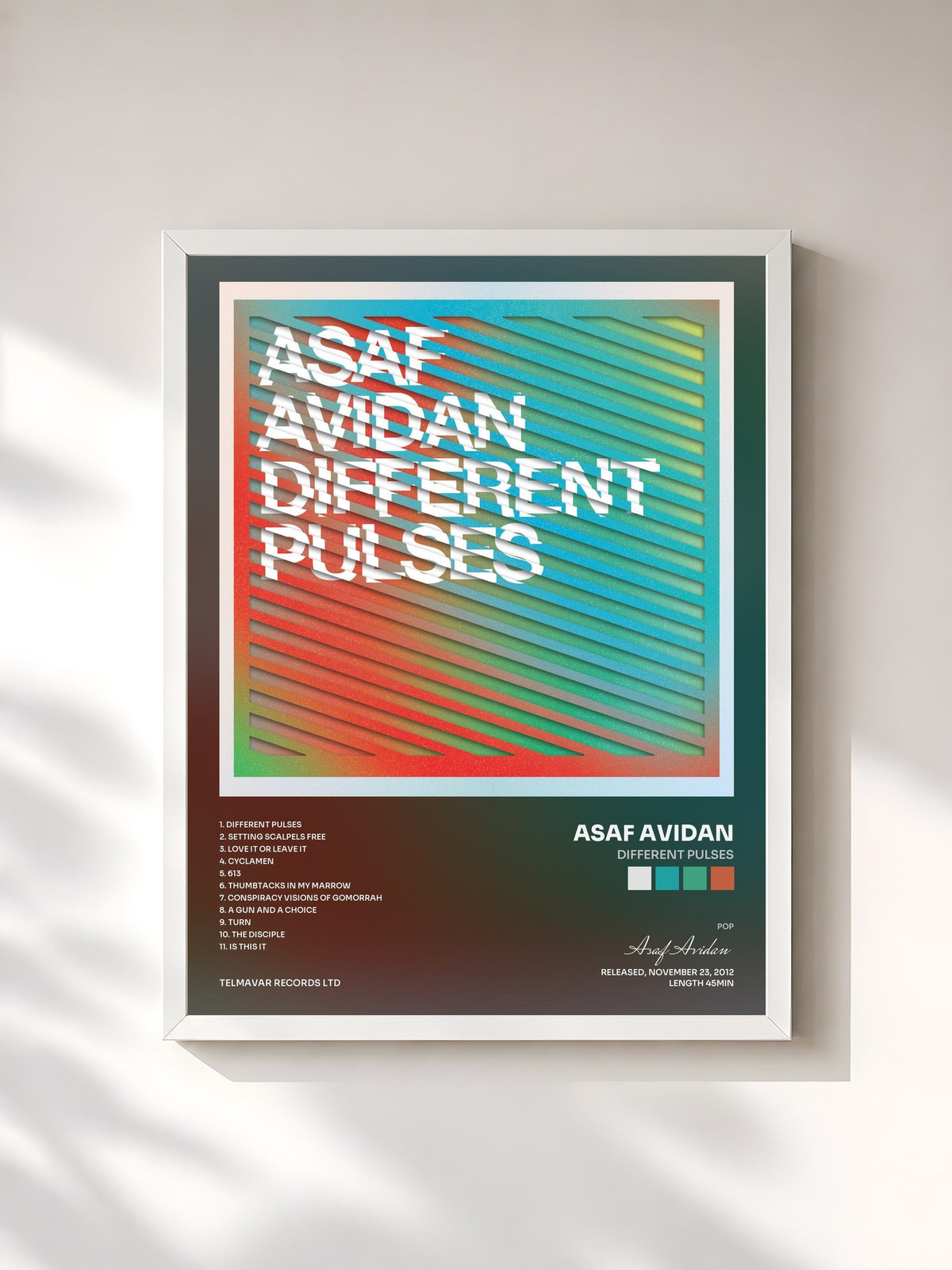 #blanc Tableau de l'album Different Pulses de Asaf Avidan, cadre blanc, imprimé et encadré en France