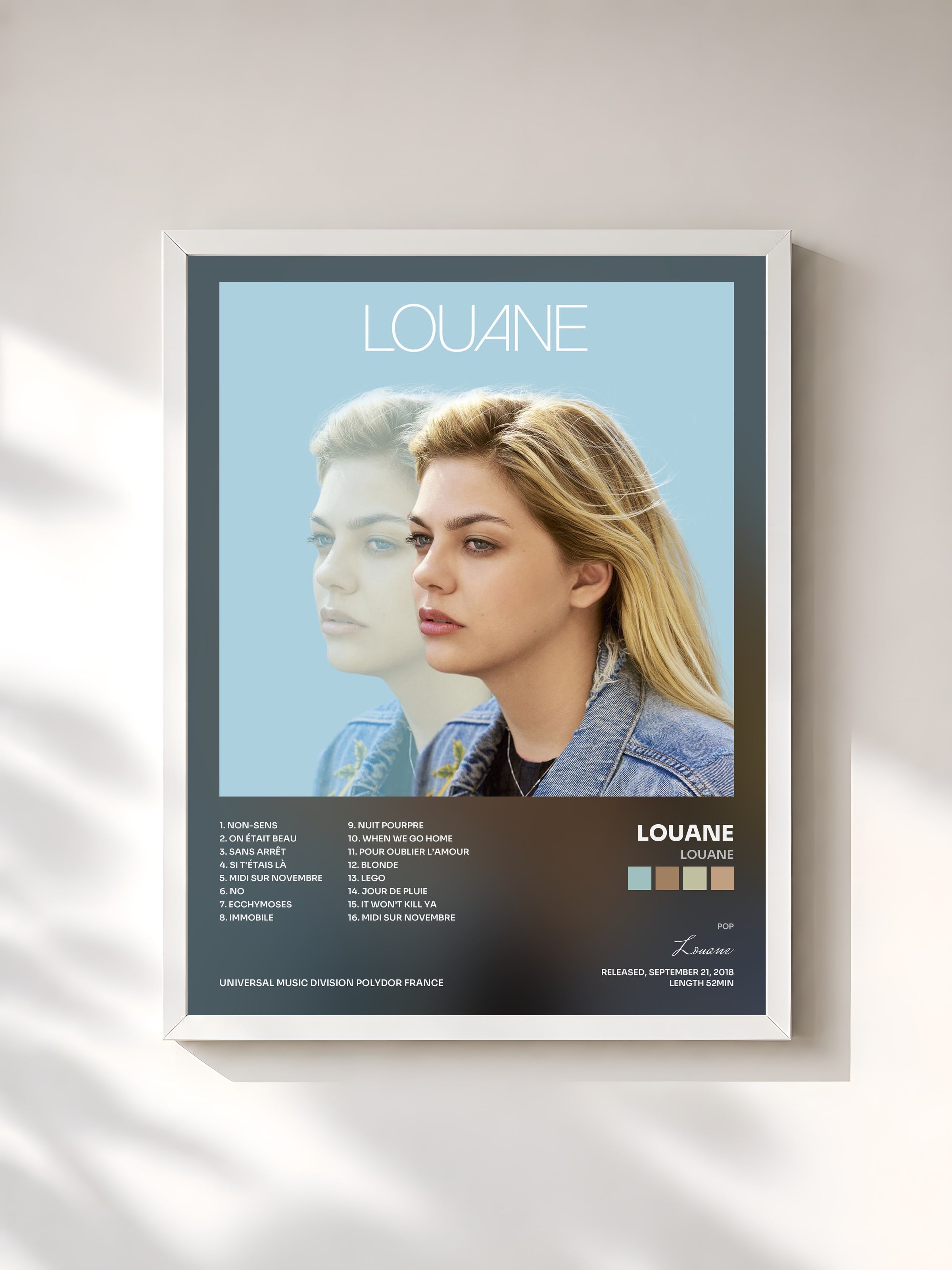 #blanc Tableau de l'album Louane de Louane, cadre blanc, imprimé et encadré en France