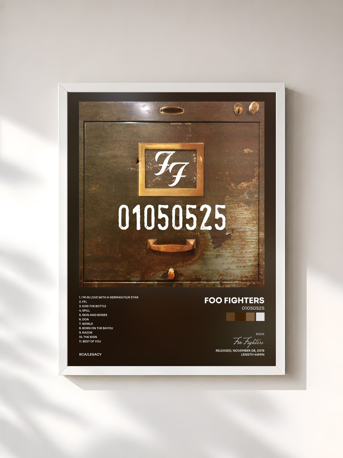 #blanc Tableau de l'album 01050525 de Foo Fighters, cadre blanc, imprimé et encadré en France