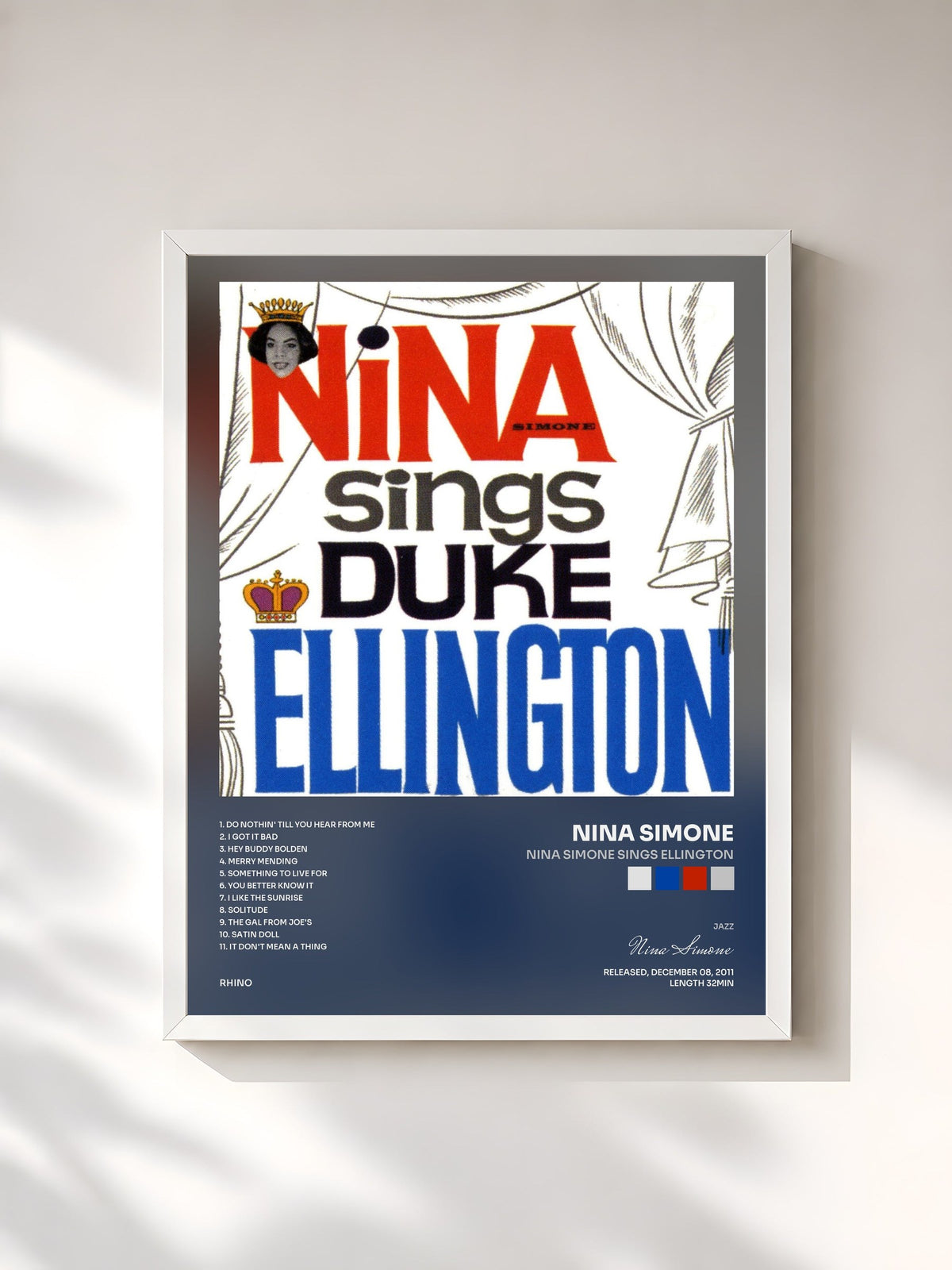 #blanc Tableau de l'album Nina Simone Sings Ellington de Nina Simone, cadre blanc, imprimé et encadré en France