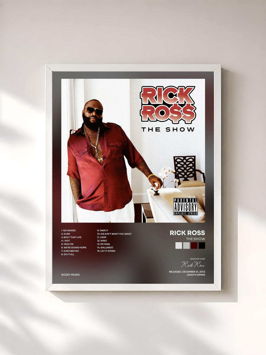 #blanc Tableau de l'album The Show de Rick Ross, cadre blanc, imprimé et encadré en France