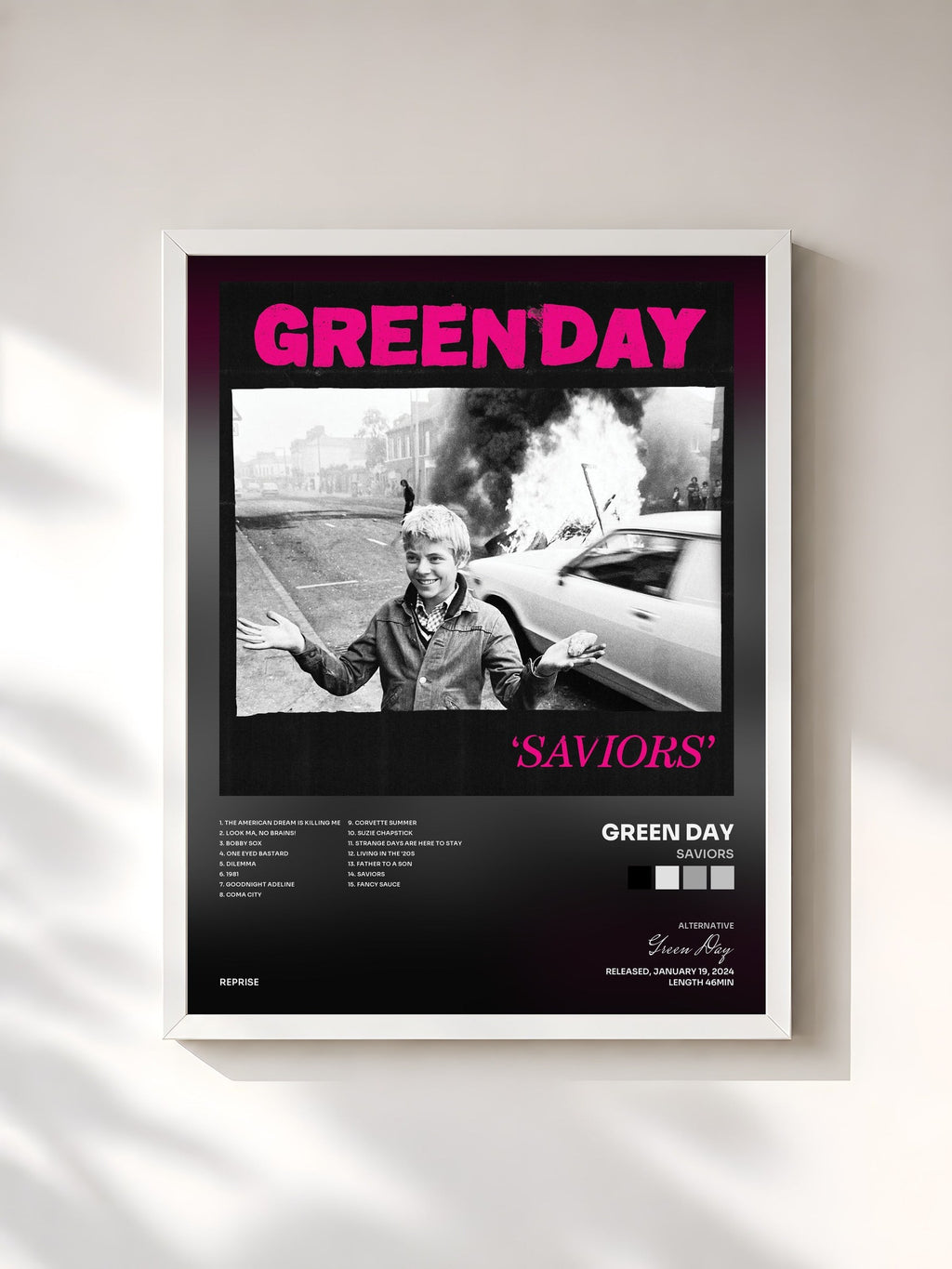 #blanc Saviors de Green Day en lámina enmarcada, marco blanco, impresa y enmarcada en Francia