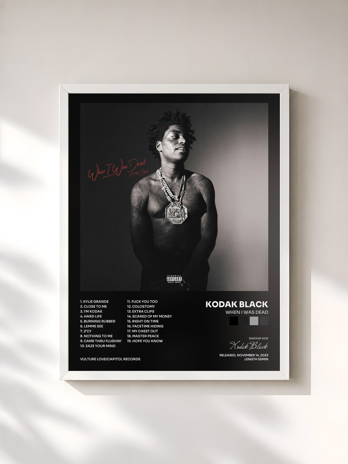 #blanc Tableau de l'album When I Was Dead de Kodak Black, cadre blanc, imprimé et encadré en France