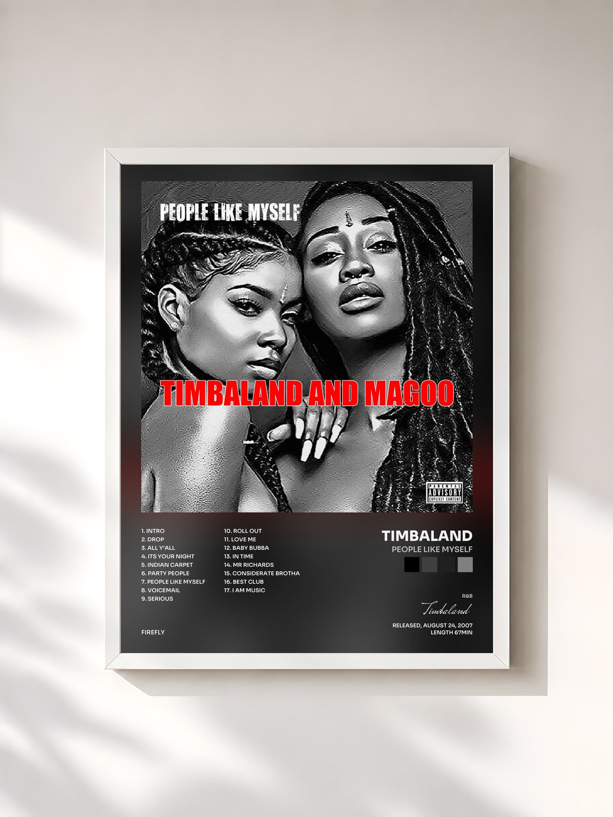 #blanc Tableau de l'album People Like Myself de Timbaland, cadre blanc, imprimé et encadré en France