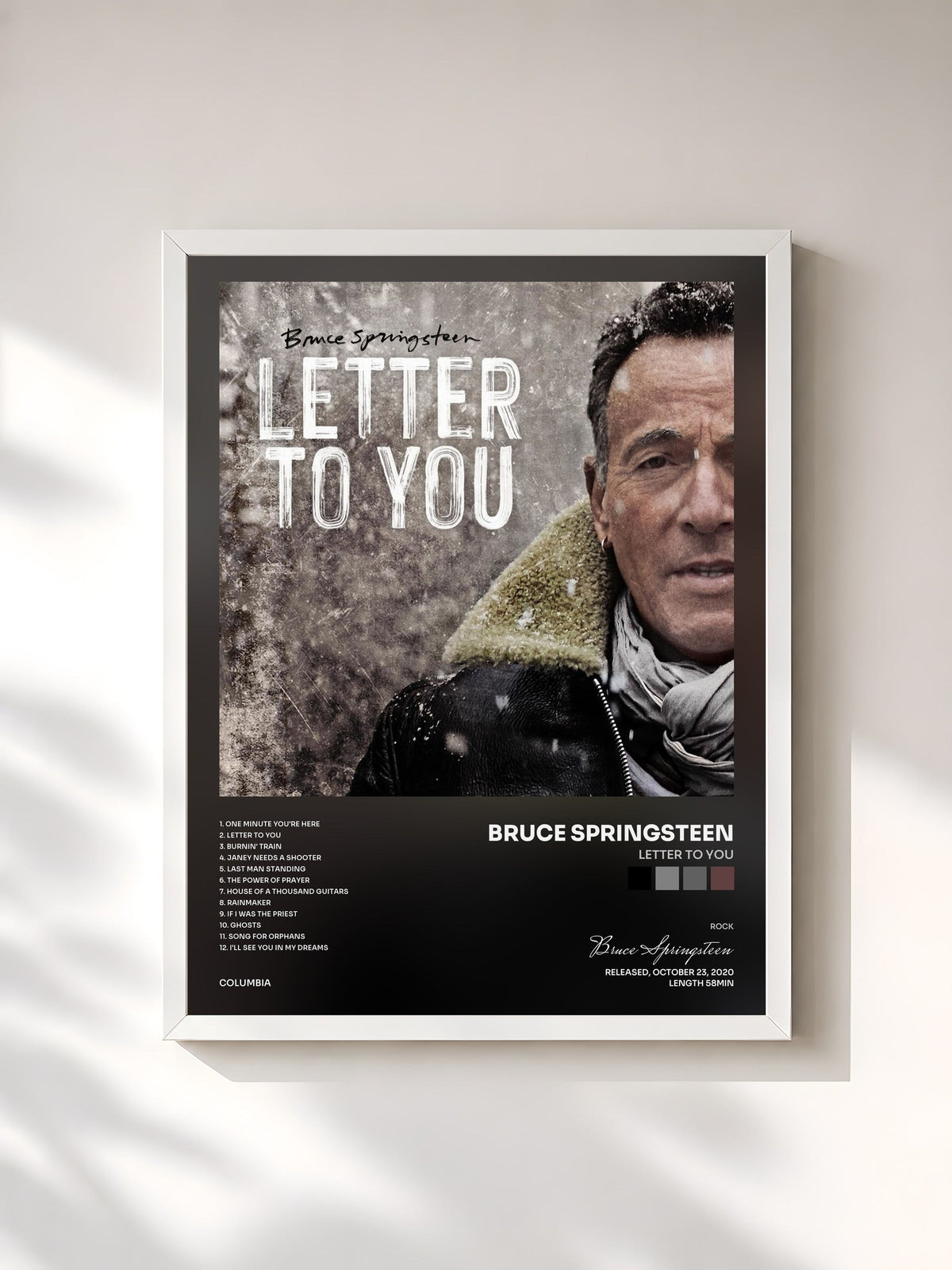 #blanc Tableau de l'album Letter To You de Bruce Springsteen, cadre blanc, imprimé et encadré en France