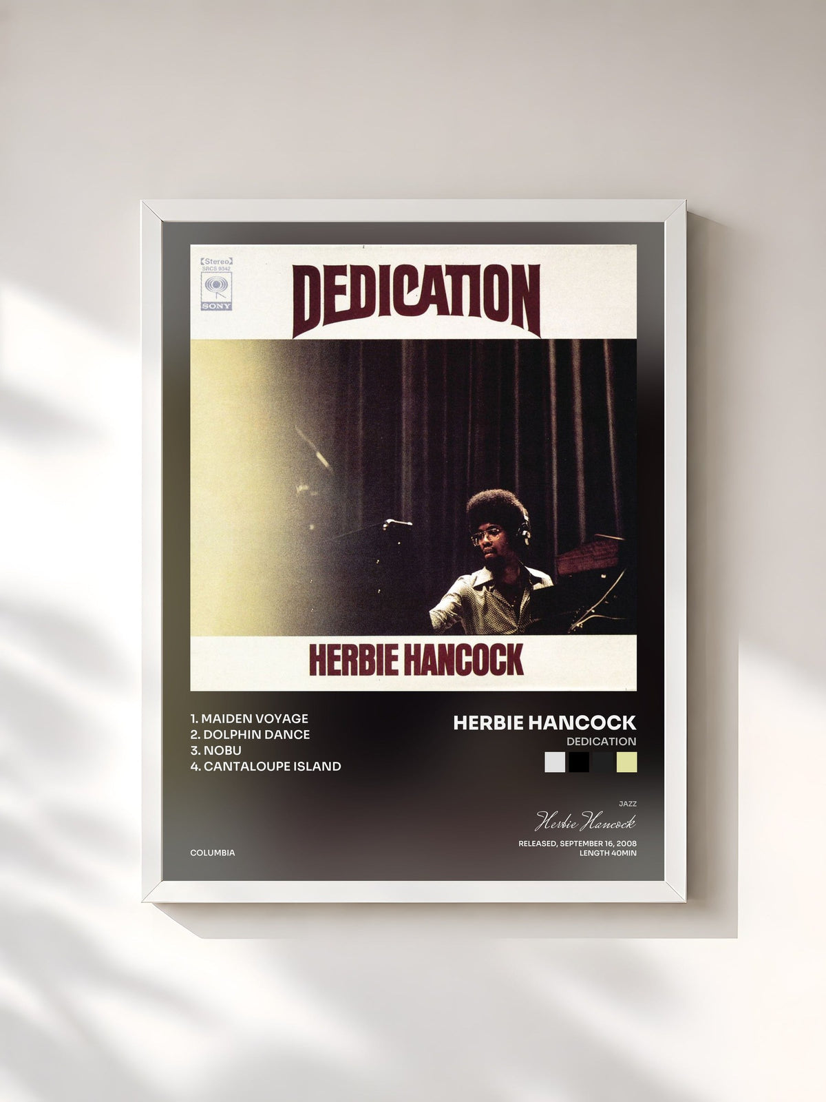#blanc Tableau de l'album Dedication de Herbie Hancock, cadre blanc, imprimé et encadré en France