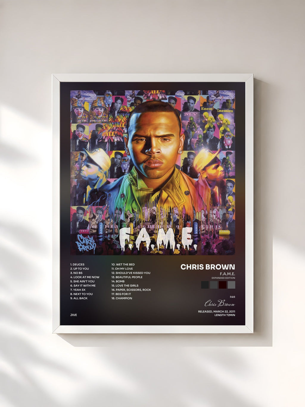 #blanc Tableau de l'album F.A.M.E. (Expanded Edition) de Chris Brown, cadre blanc, imprimé et encadré en France