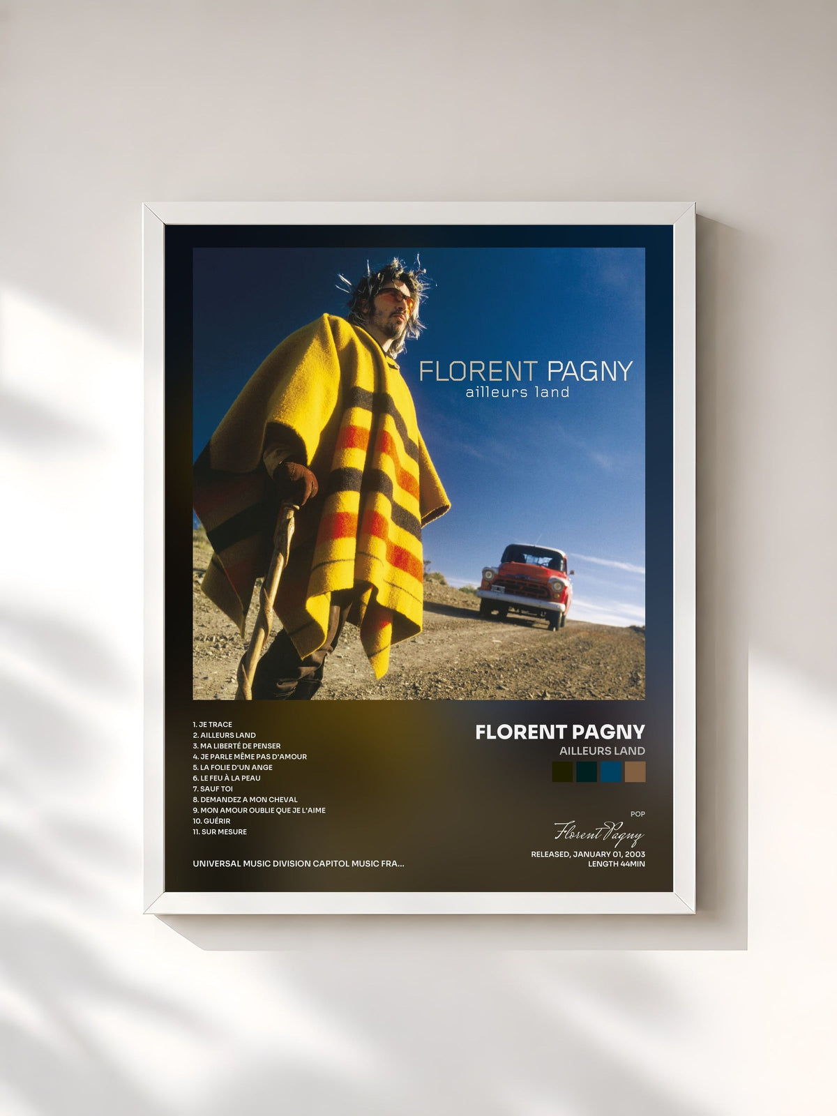 #blanc Tableau de l'album Ailleurs Land de Florent Pagny, cadre blanc, imprimé et encadré en France