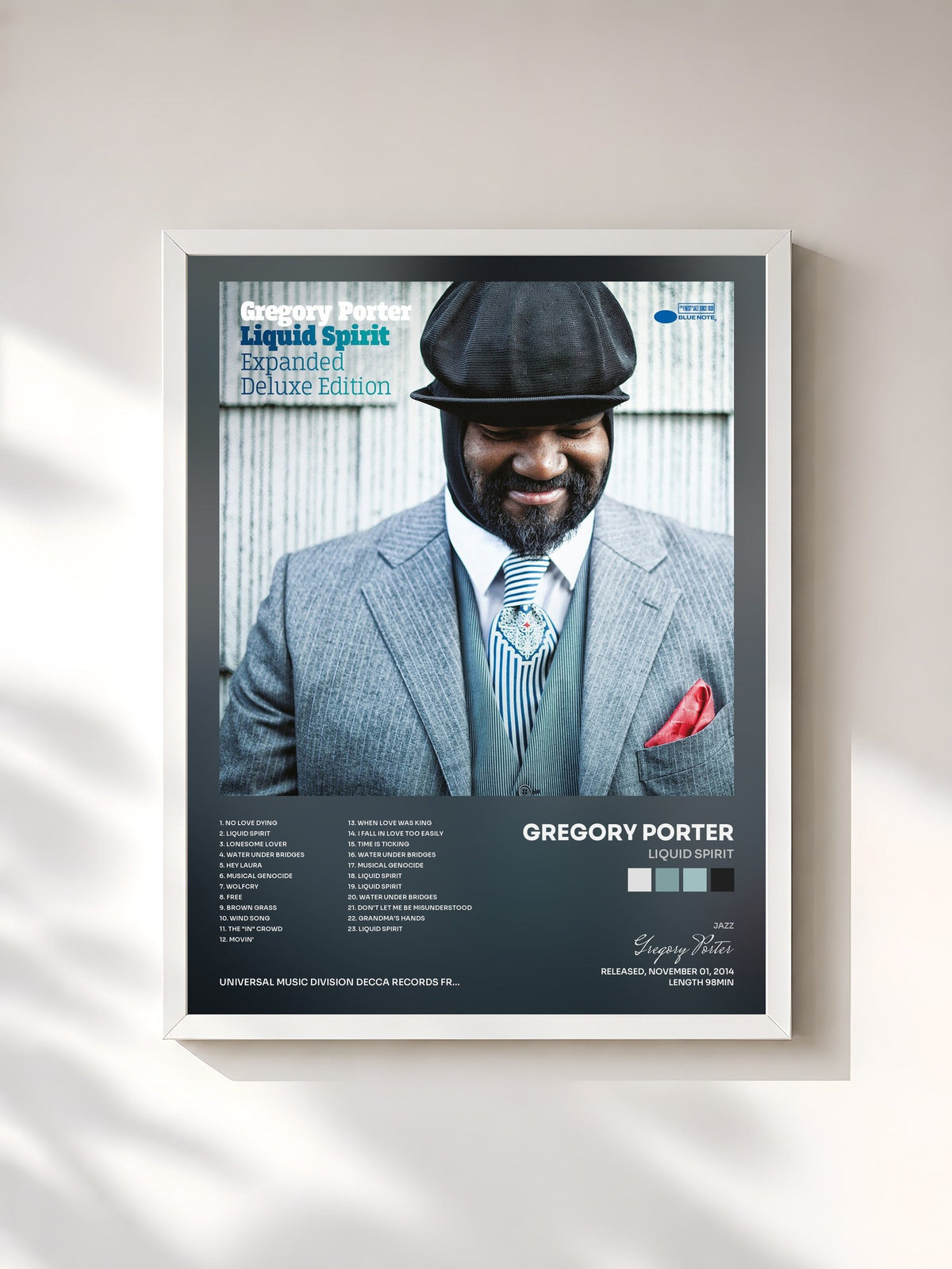 #blanc Liquid Spirit by Gregory Porter as a framed art print, white frame, printed and framed in France