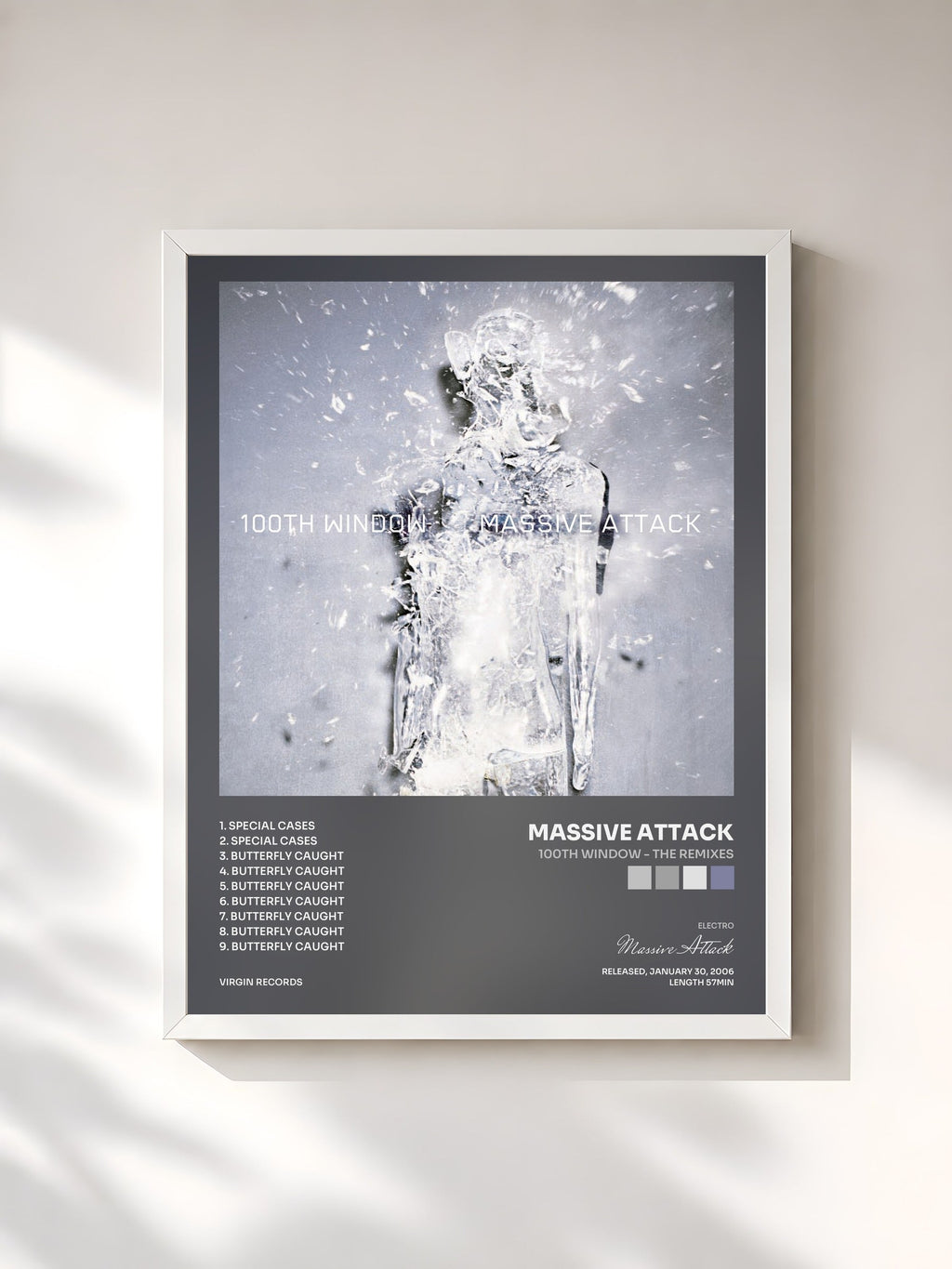 #blanc Tableau de l'album 100th Window - The Remixes de Massive Attack, cadre blanc, imprimé et encadré en France
